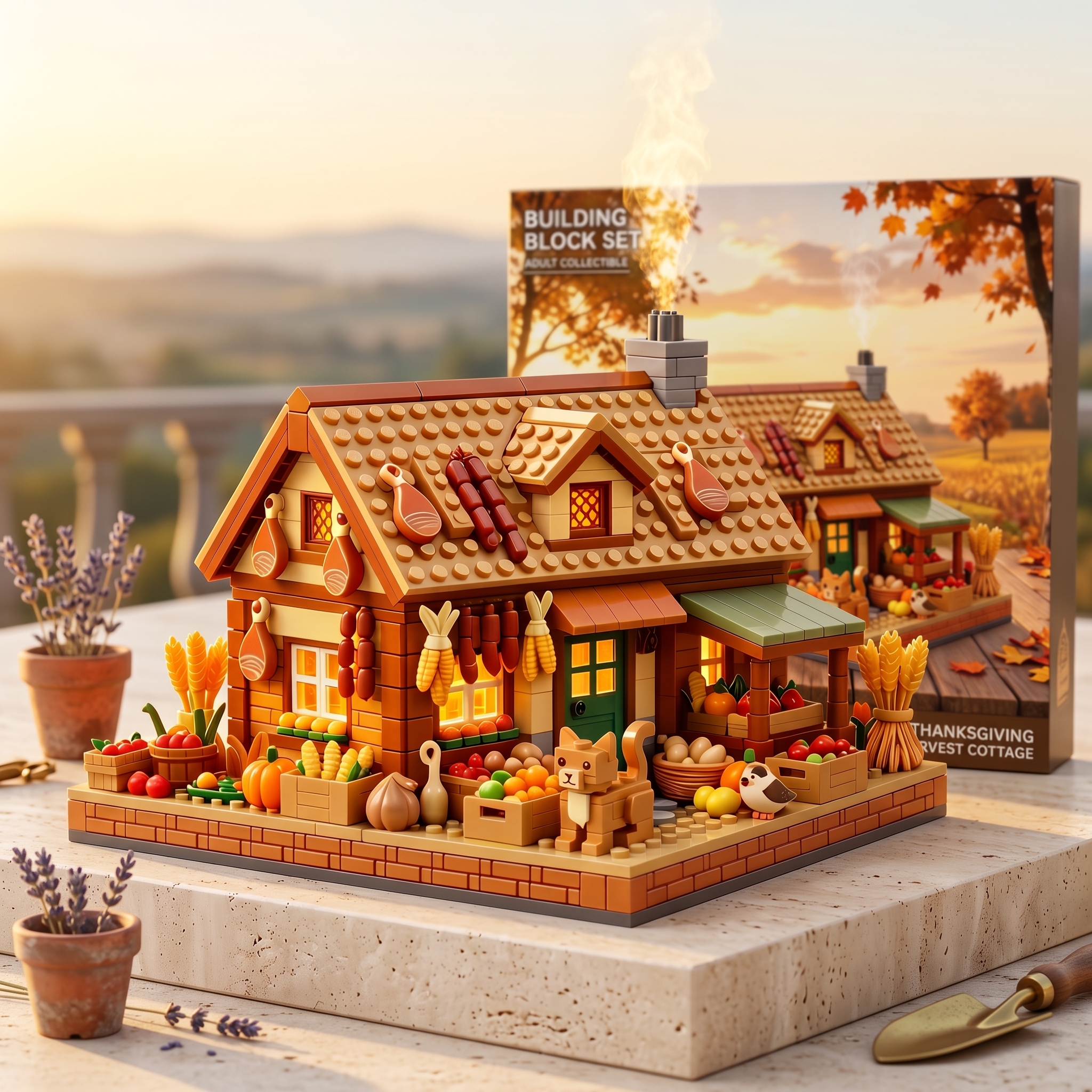 Thanksgiving Autumn Harvest Cabin Building‑brick Diorama, Fall Countryside Harvest Scene Model