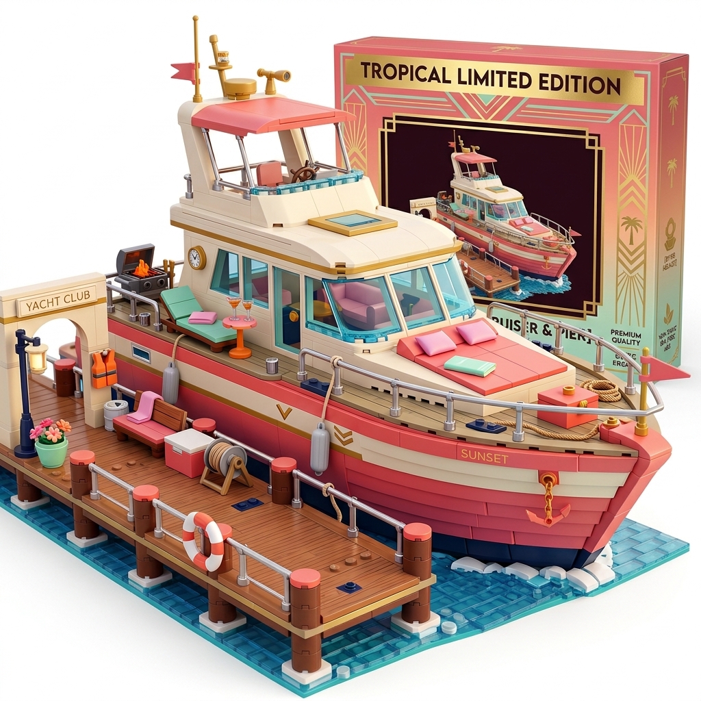 Sunset Yacht Club Pier Building Set — Coral Pink Vintage Cruiser with Private Dock Diorama
