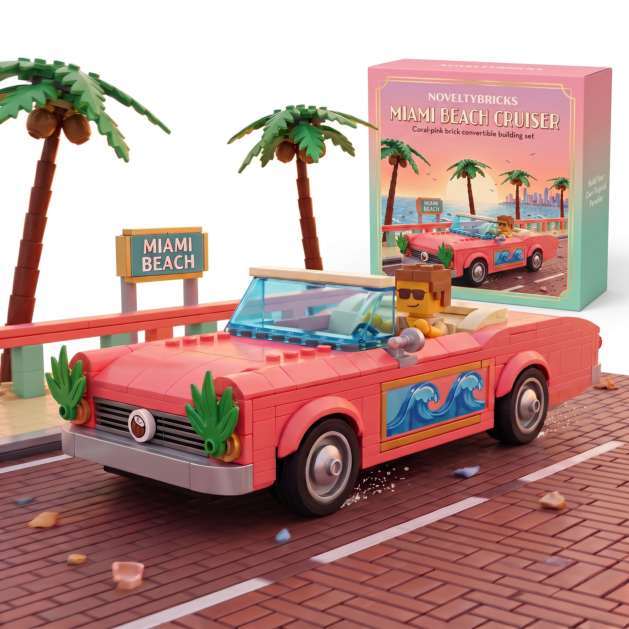 Miami Beach Cruiser Building‑Brick Display Set, Retro Coastal Vacation Themed Decor