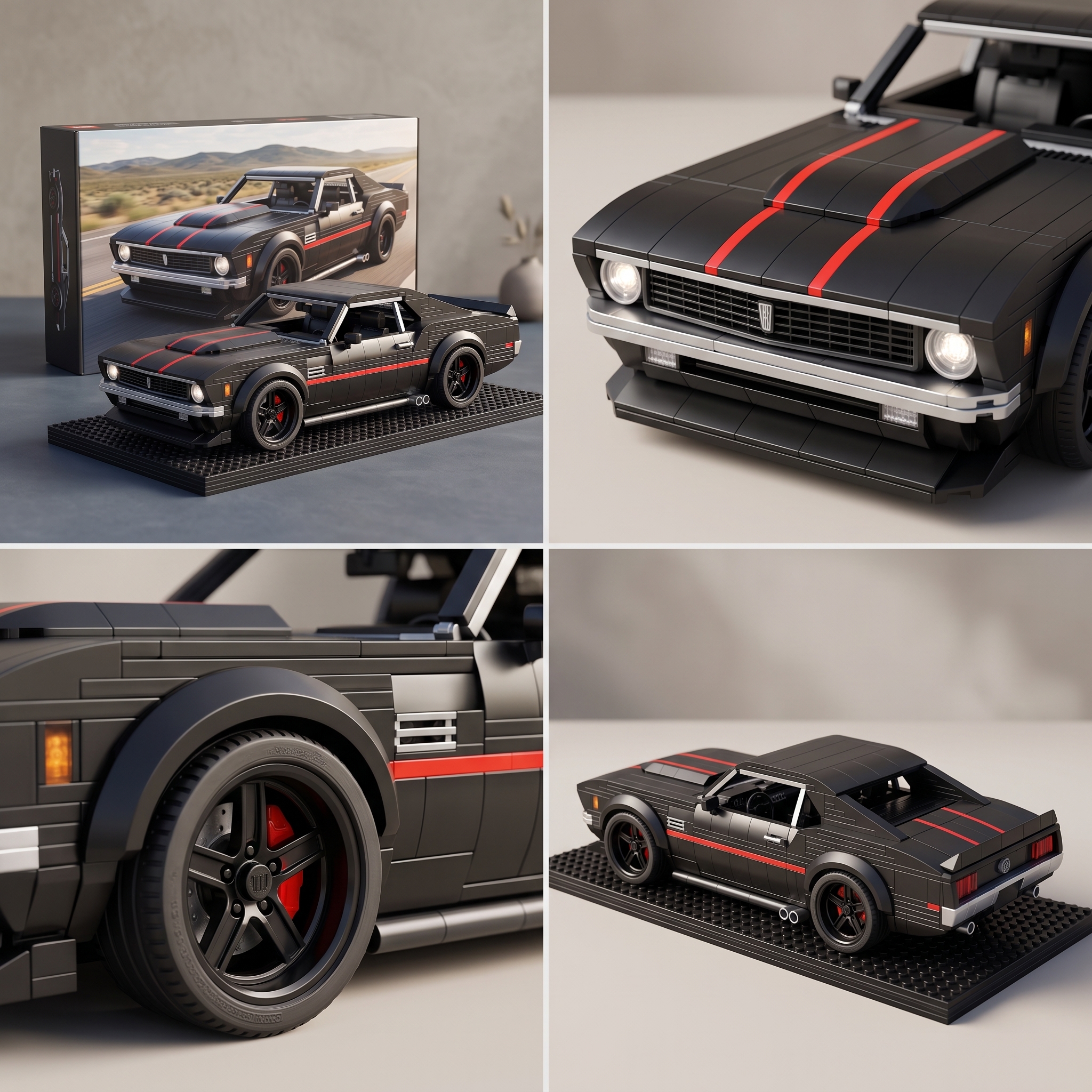 Black‑Red Stripe Vintage American Muscle Car Building‑brick Model, Classic Modified Coupe Collectible Diorama