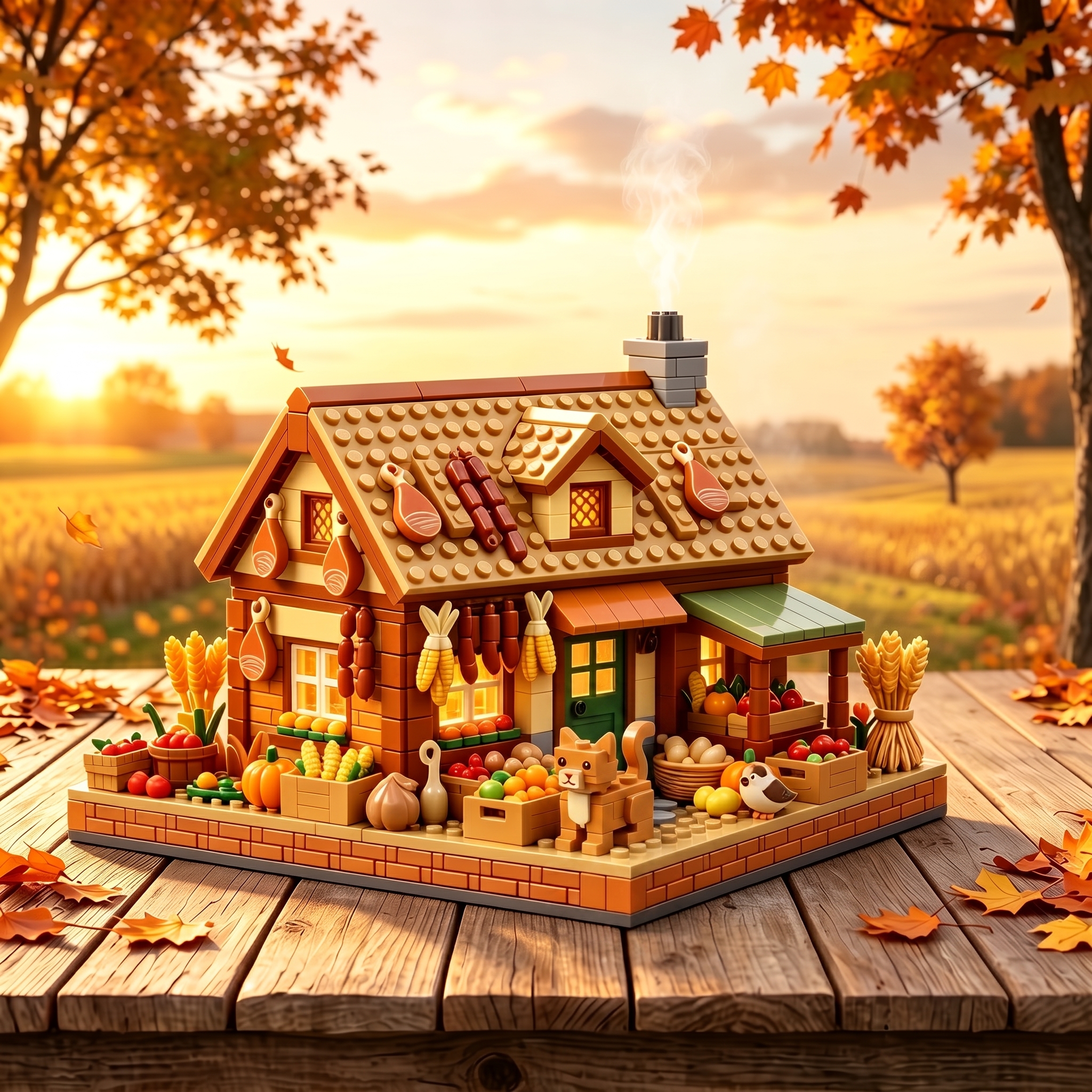 Thanksgiving Autumn Harvest Cabin Building‑brick Diorama, Fall Countryside Harvest Scene Model