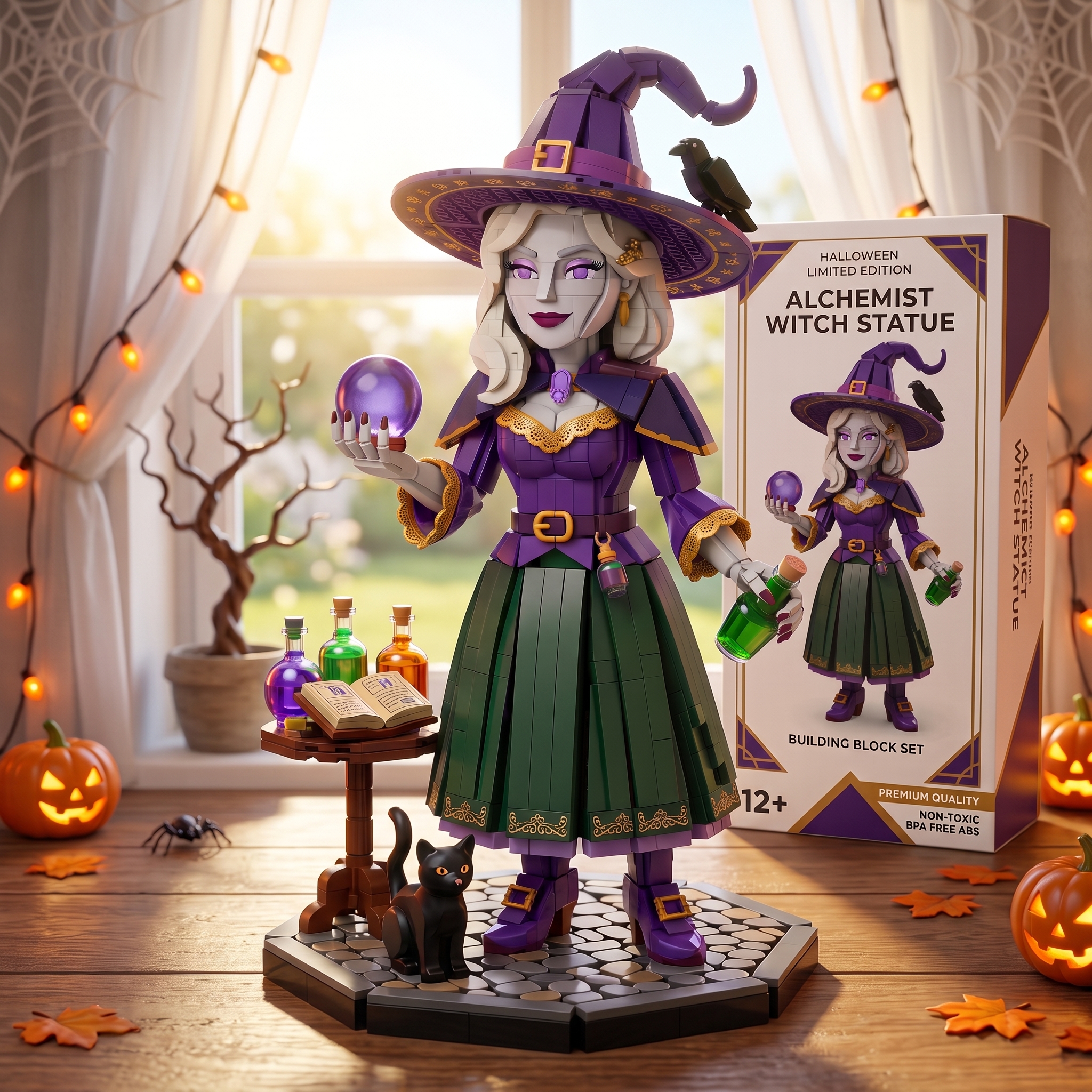 Halloween Magic Witch Building‑Brick Statue, Divination Crystal Ball Themed Buildable Display Figure