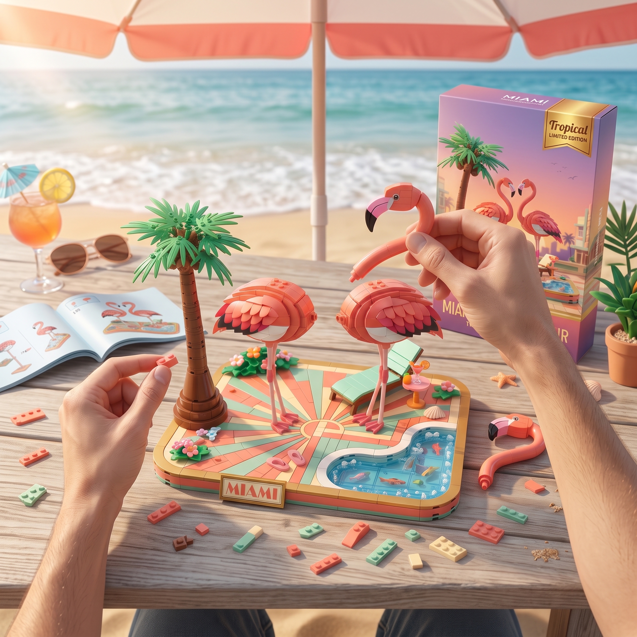 Miami Tropical Flamingo Building‑Brick Display Set, Summer Seaside Pool Themed Decor
