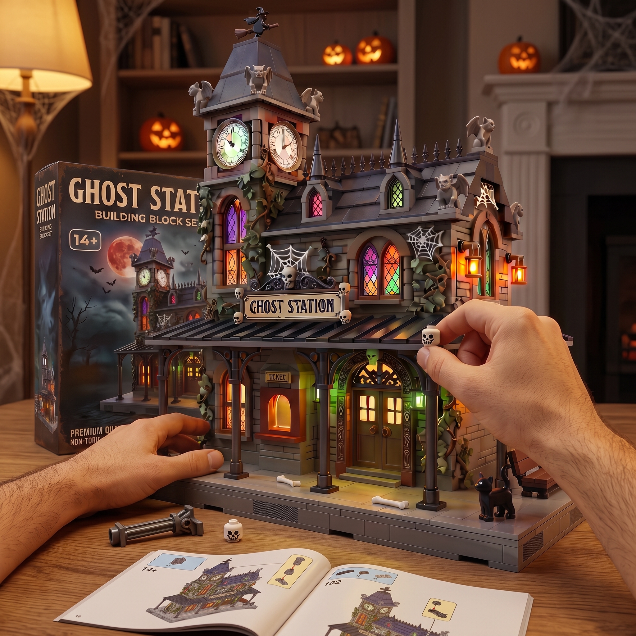 Ghost Station Multi-Story Building Block Model Set with Illuminating Windows and Elaborate Details, Halloween Theme