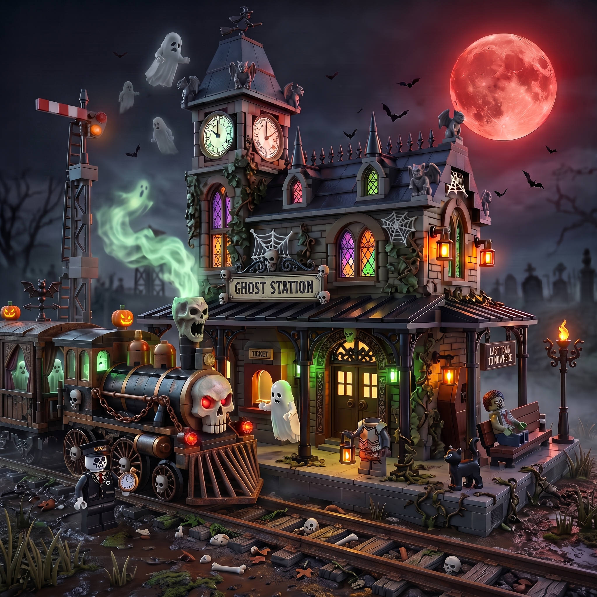 Ghost Station Multi-Story Building Block Model Set with Illuminating Windows and Elaborate Details, Halloween Theme