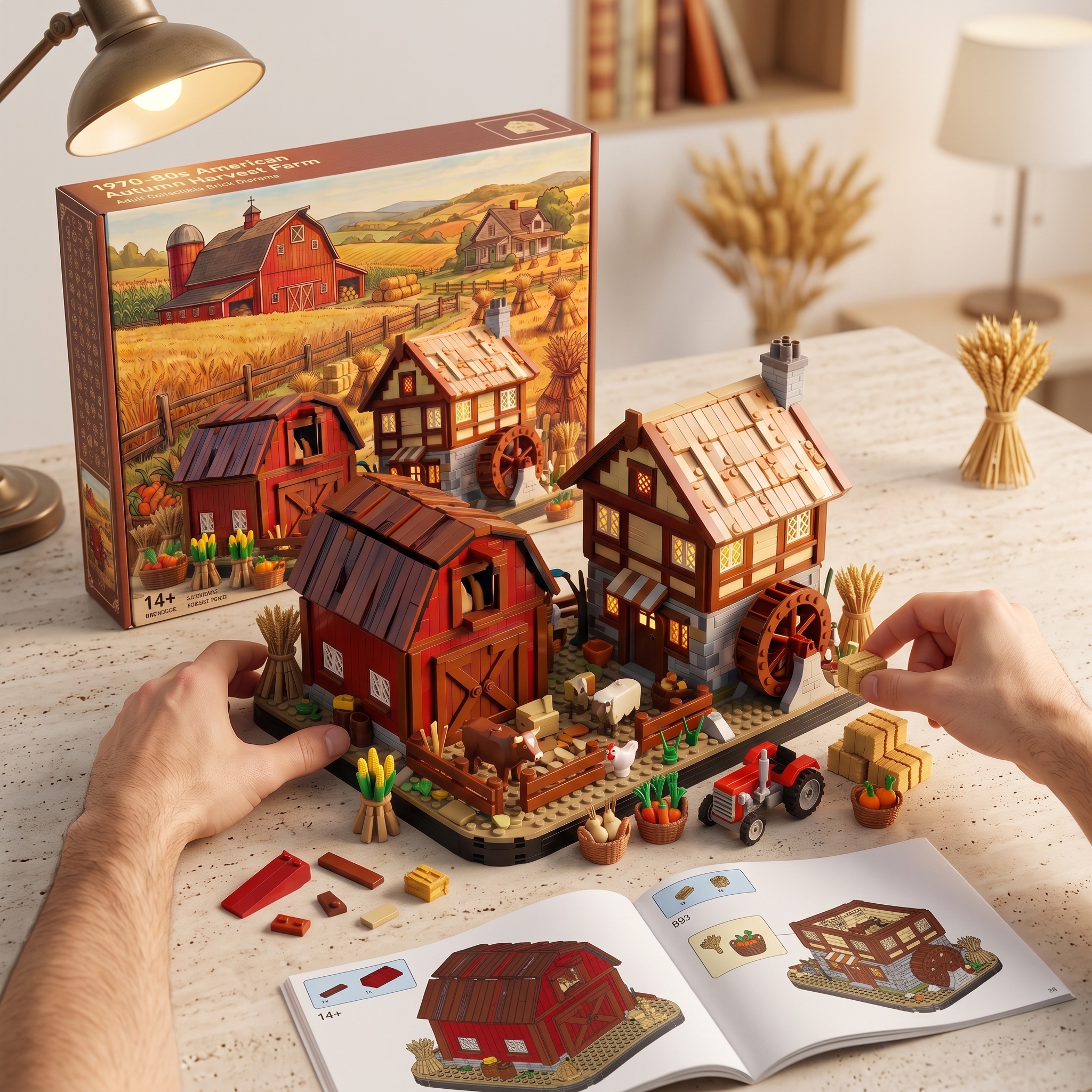 Autumn Harvest Farm Building‑brick Set, Three‑dimensional Countryside Barn‑Farmhouse Scene Diorama