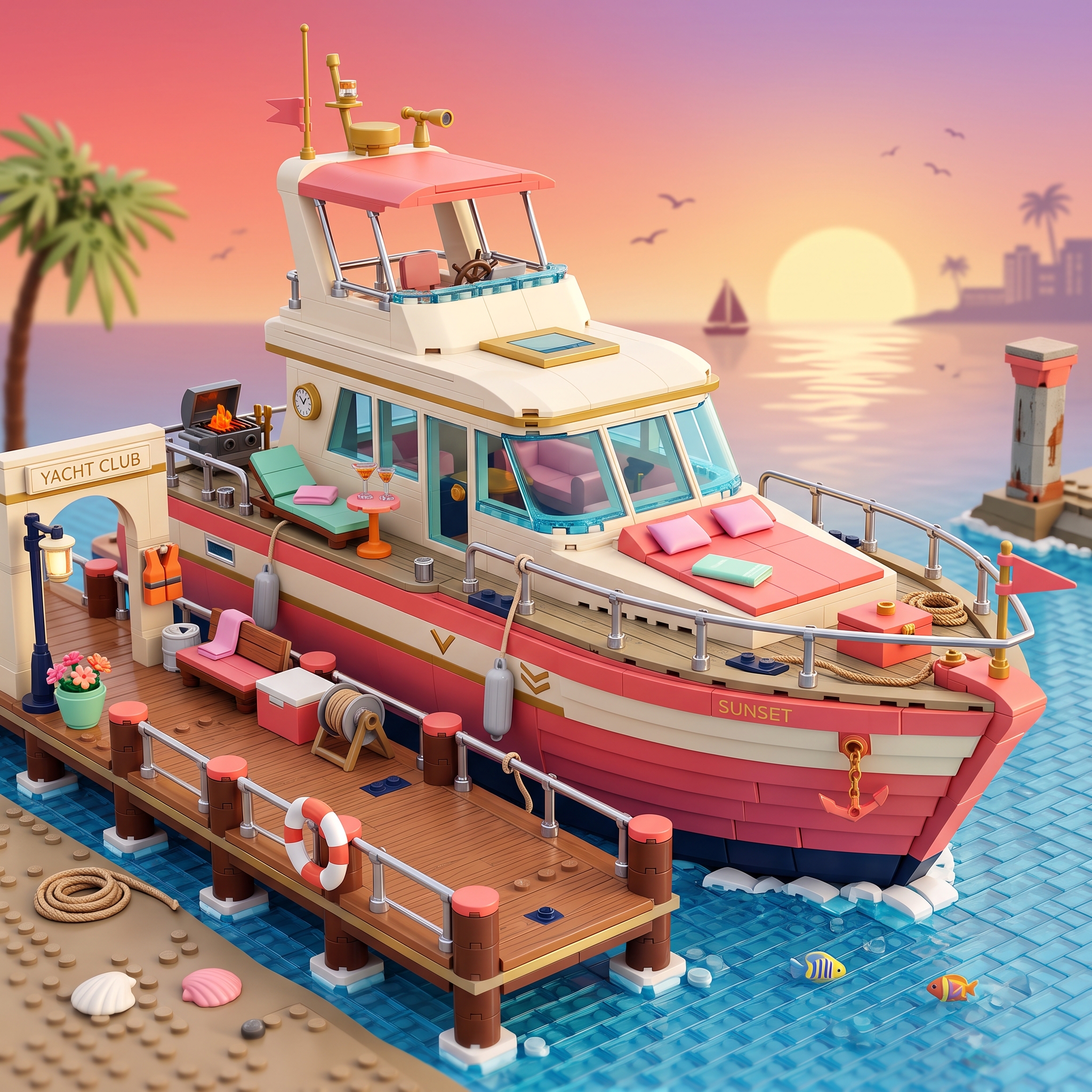 Sunset Yacht Club Pier Building Set — Coral Pink Vintage Cruiser with Private Dock Diorama
