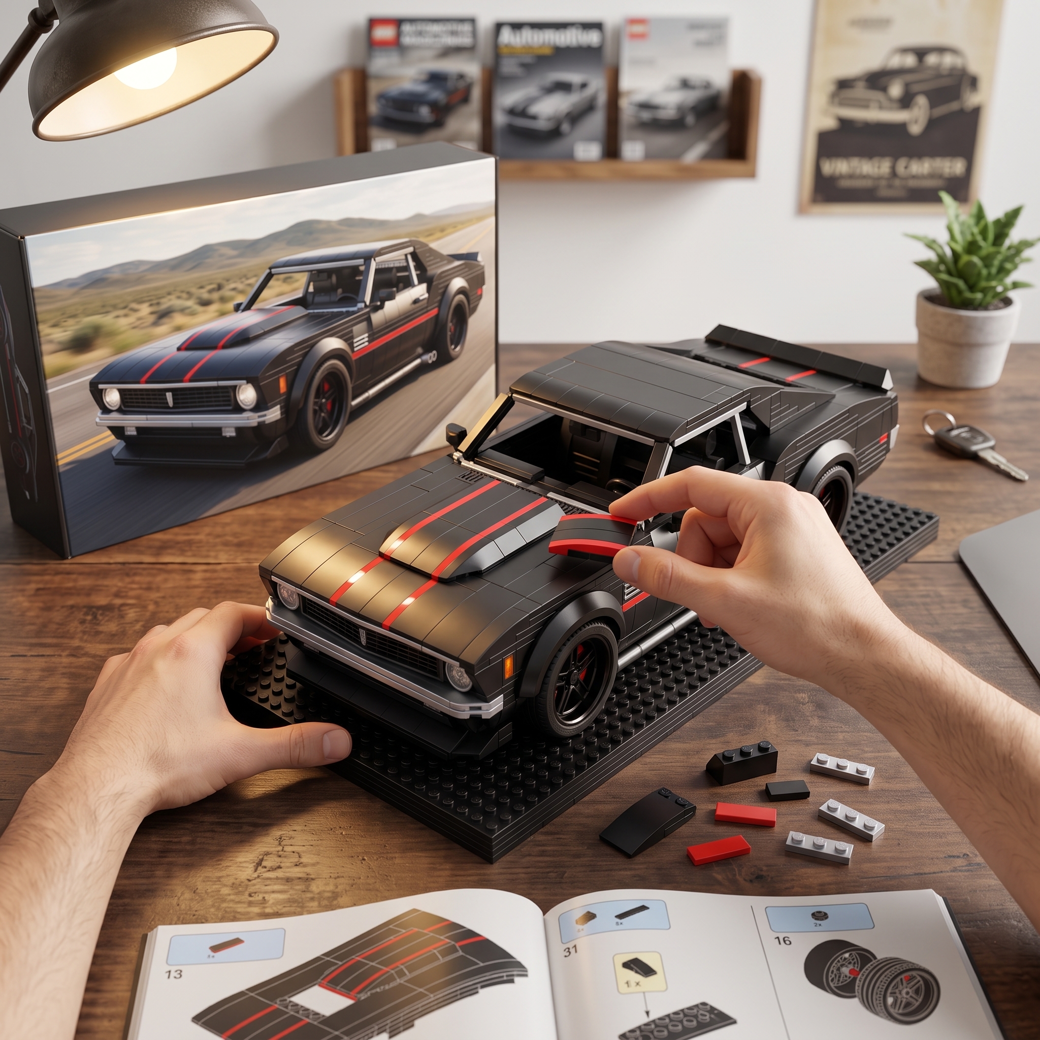 Black‑Red Stripe Vintage American Muscle Car Building‑brick Model, Classic Modified Coupe Collectible Diorama
