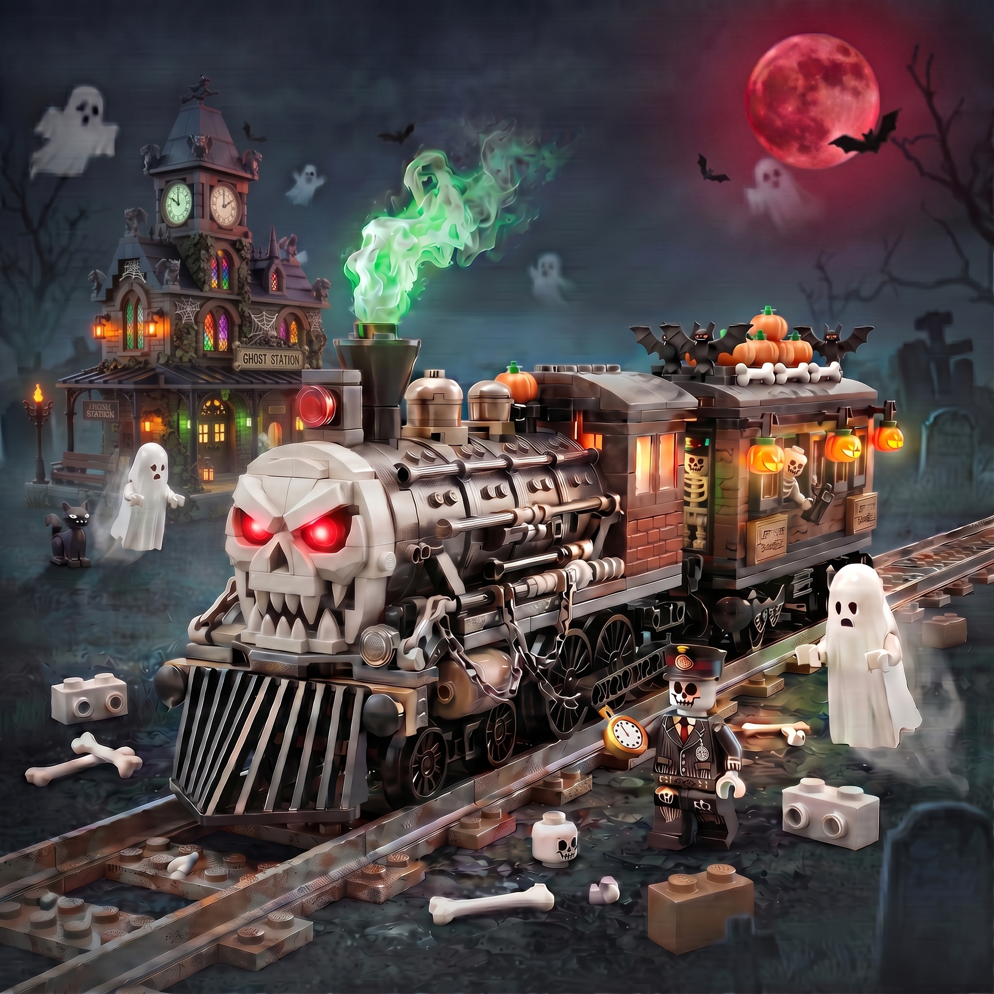 Halloween Skull Ghost Train Building Set