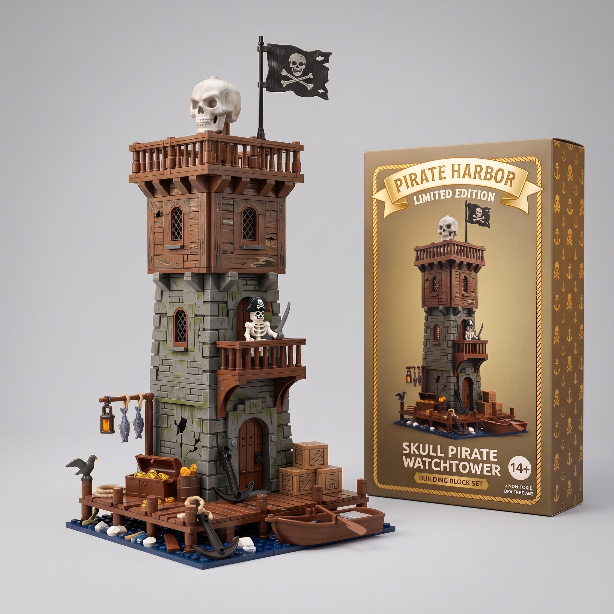Skull Pirate Watchtower Collectible Building‑Brick Set, Retro Harbor Adventure Tower Scene Decor