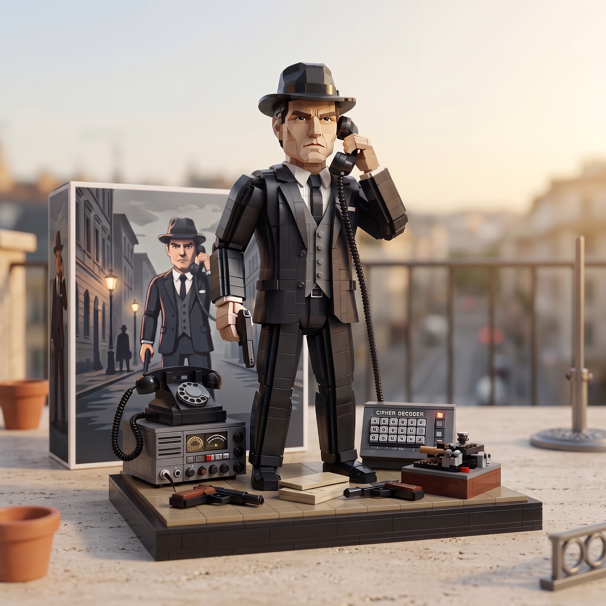 Retro Spy Agent Scene Collectible Building‑Brick Display Model