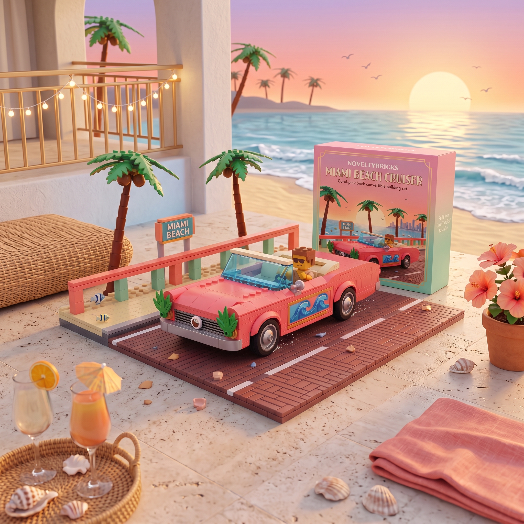 Miami Beach Cruiser Building‑Brick Display Set, Retro Coastal Vacation Themed Decor