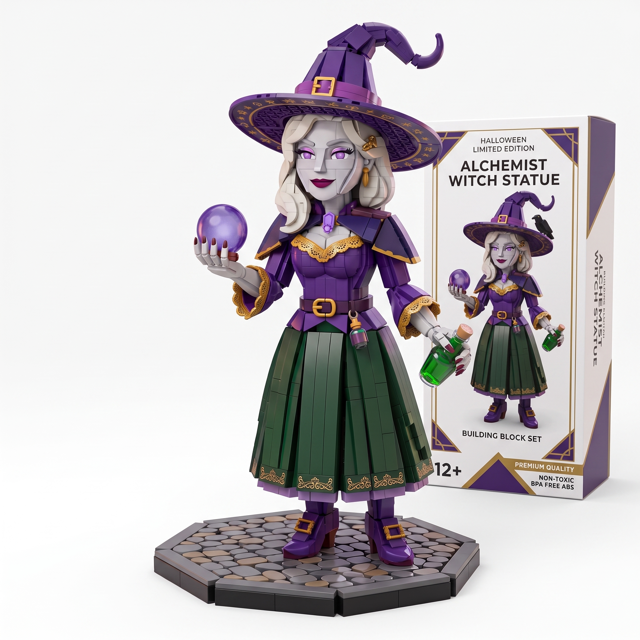 Halloween Magic Witch Building‑Brick Statue, Divination Crystal Ball Themed Buildable Display Figure
