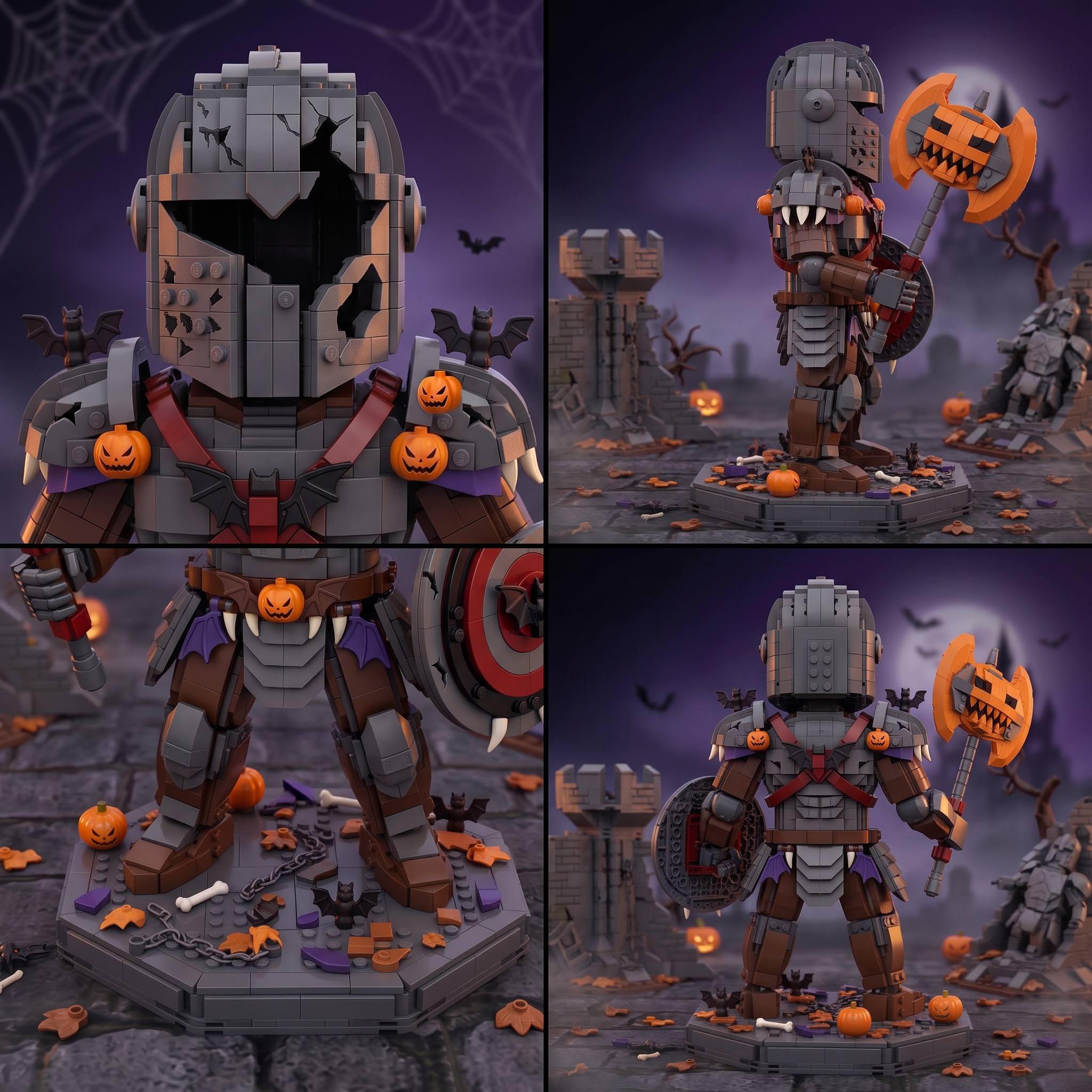 Halloween Broken‑Armor Knight Building‑Brick Statue, Pumpkin Battle‑Axe Dark Castle Themed Buildable Display Figure