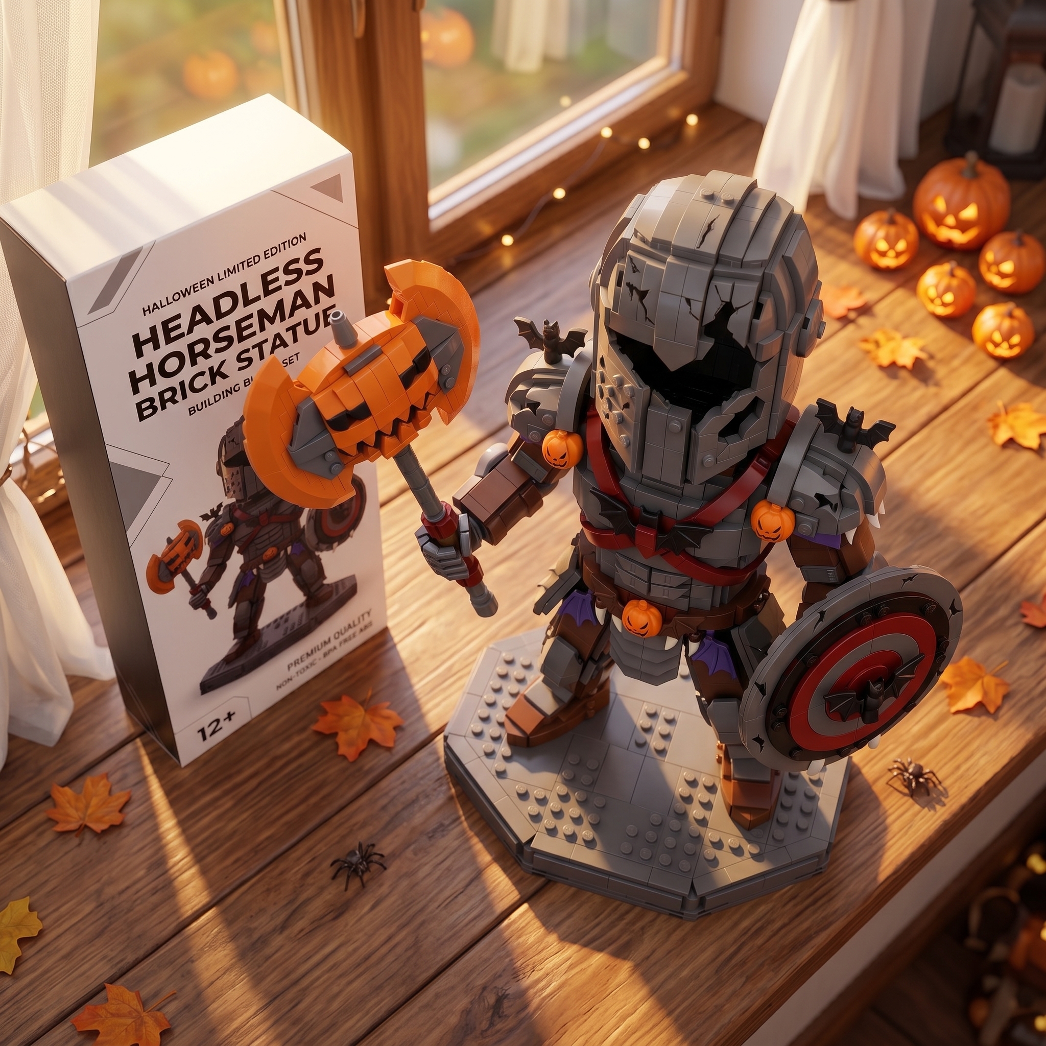 Halloween Broken‑Armor Knight Building‑Brick Statue, Pumpkin Battle‑Axe Dark Castle Themed Buildable Display Figure