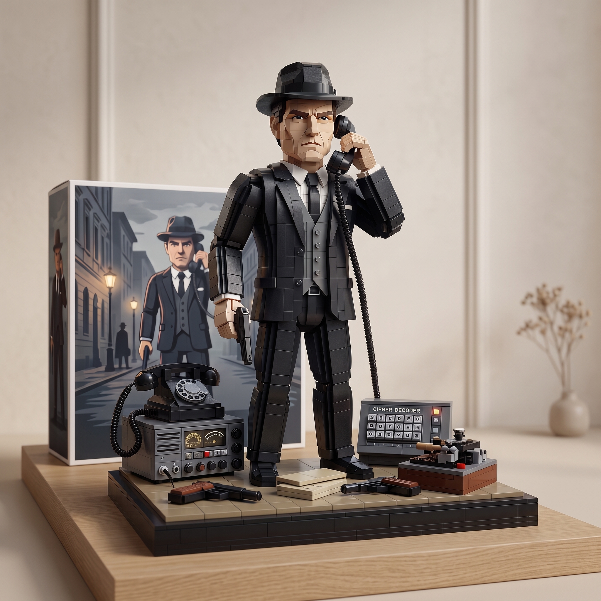 Retro Spy Agent Scene Collectible Building‑Brick Display Model