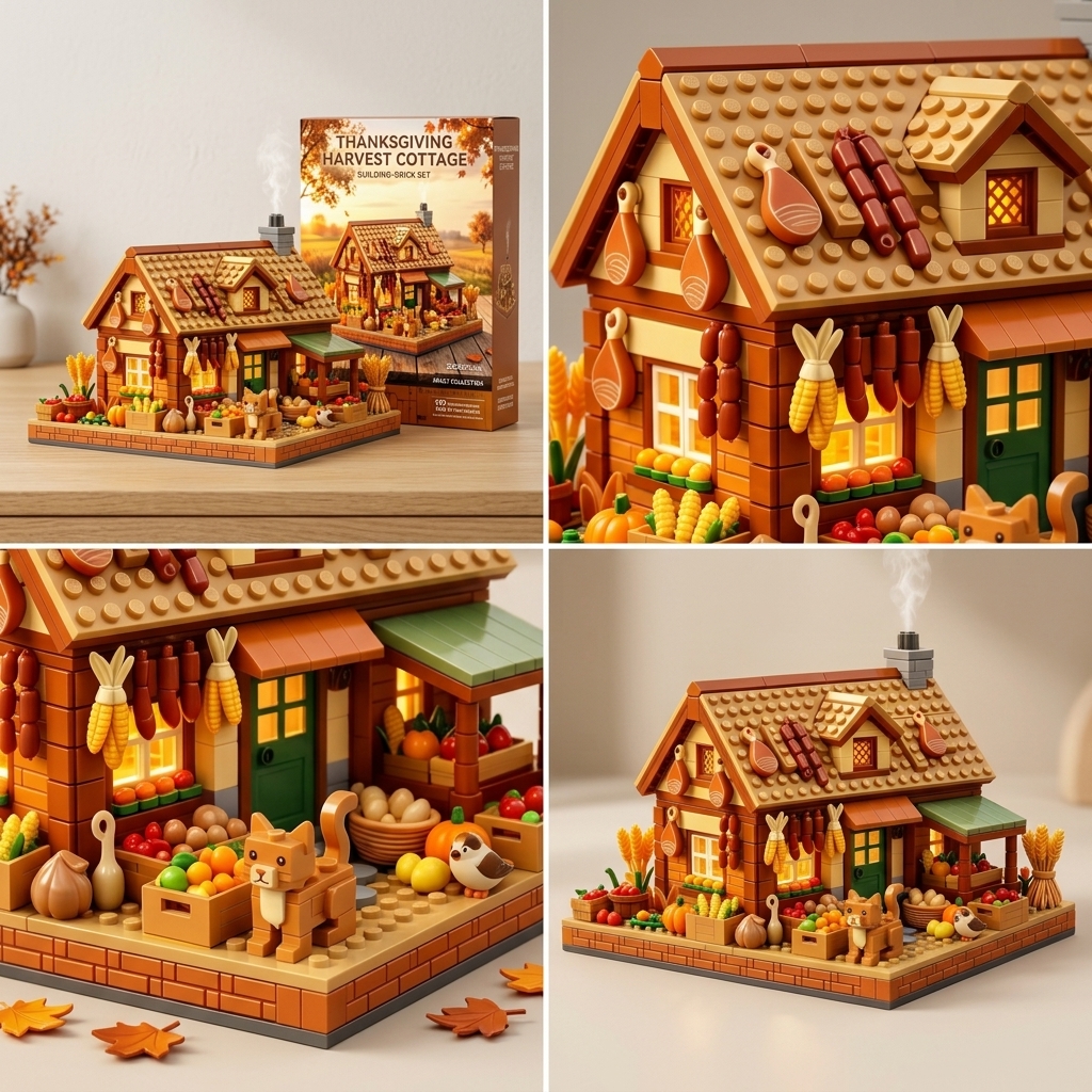 Thanksgiving Autumn Harvest Cabin Building‑brick Diorama, Fall Countryside Harvest Scene Model