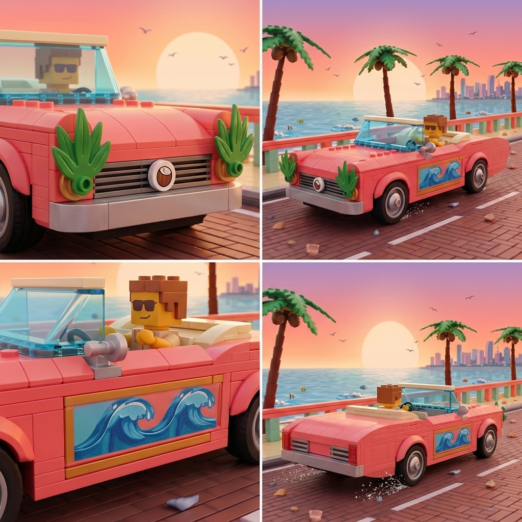 Miami Beach Cruiser Building‑Brick Display Set, Retro Coastal Vacation Themed Decor