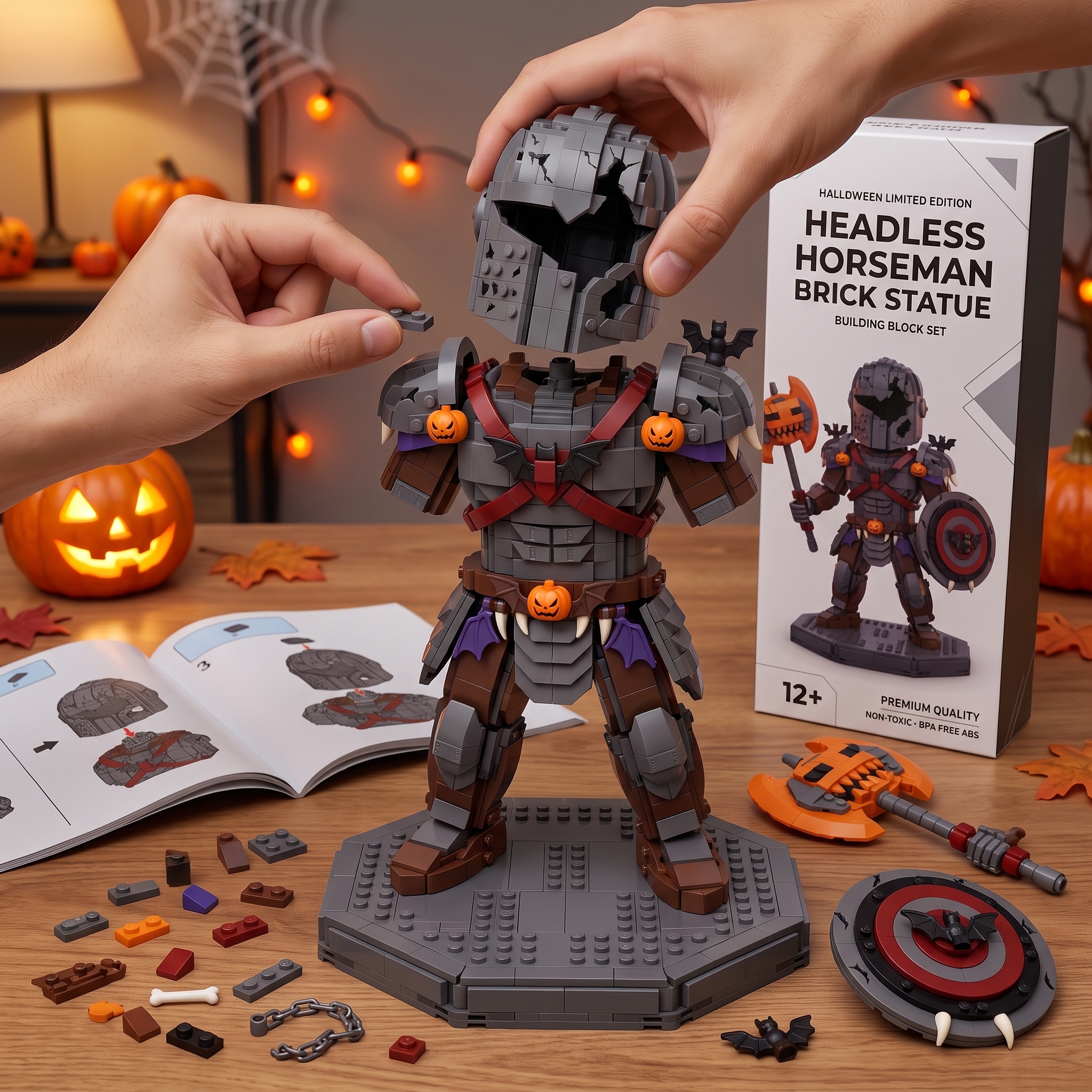 Halloween Broken‑Armor Knight Building‑Brick Statue, Pumpkin Battle‑Axe Dark Castle Themed Buildable Display Figure