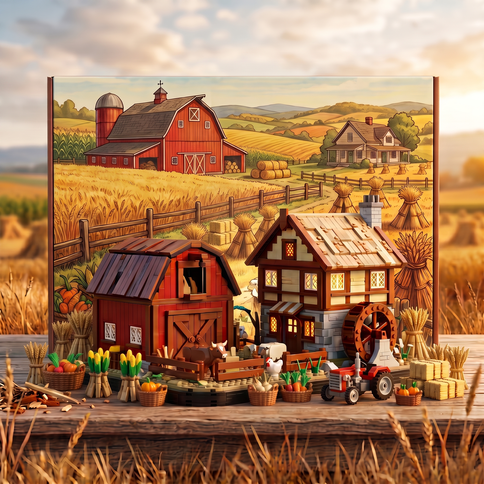 Autumn Harvest Farm Building‑brick Set, Three‑dimensional Countryside Barn‑Farmhouse Scene Diorama