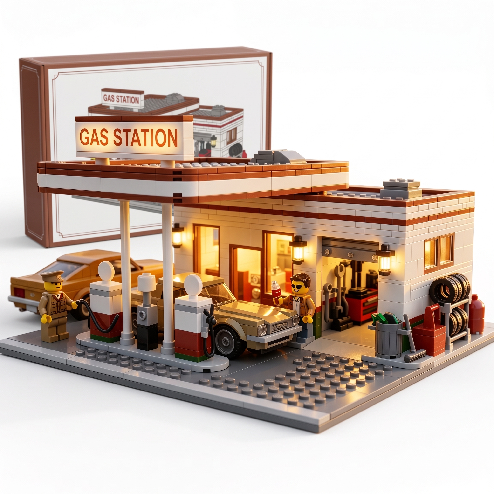Vintage Western Desert Gas‑Station Building‑Bricks Diorama Decor