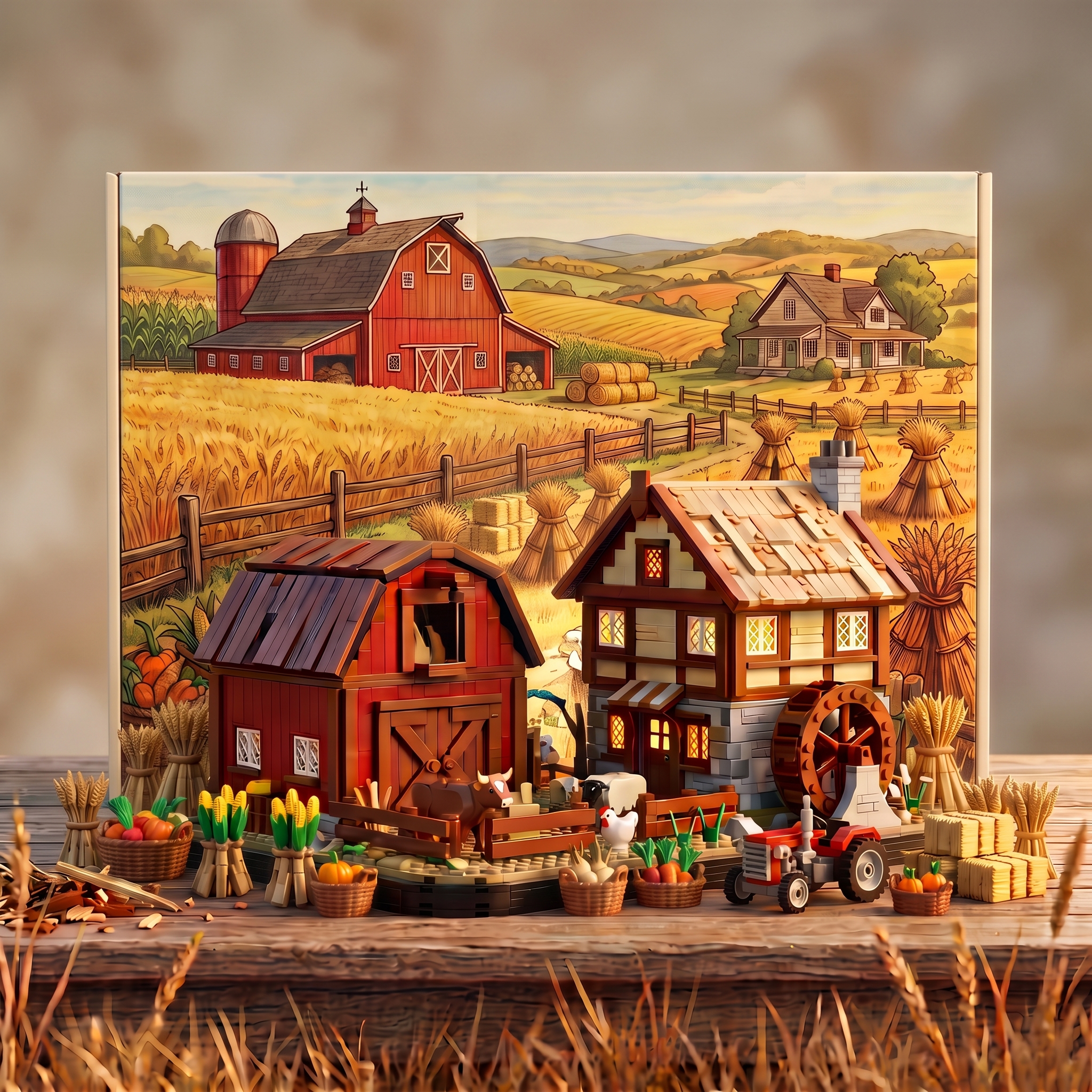Autumn Harvest Farm Building‑brick Set, Three‑dimensional Countryside Barn‑Farmhouse Scene Diorama