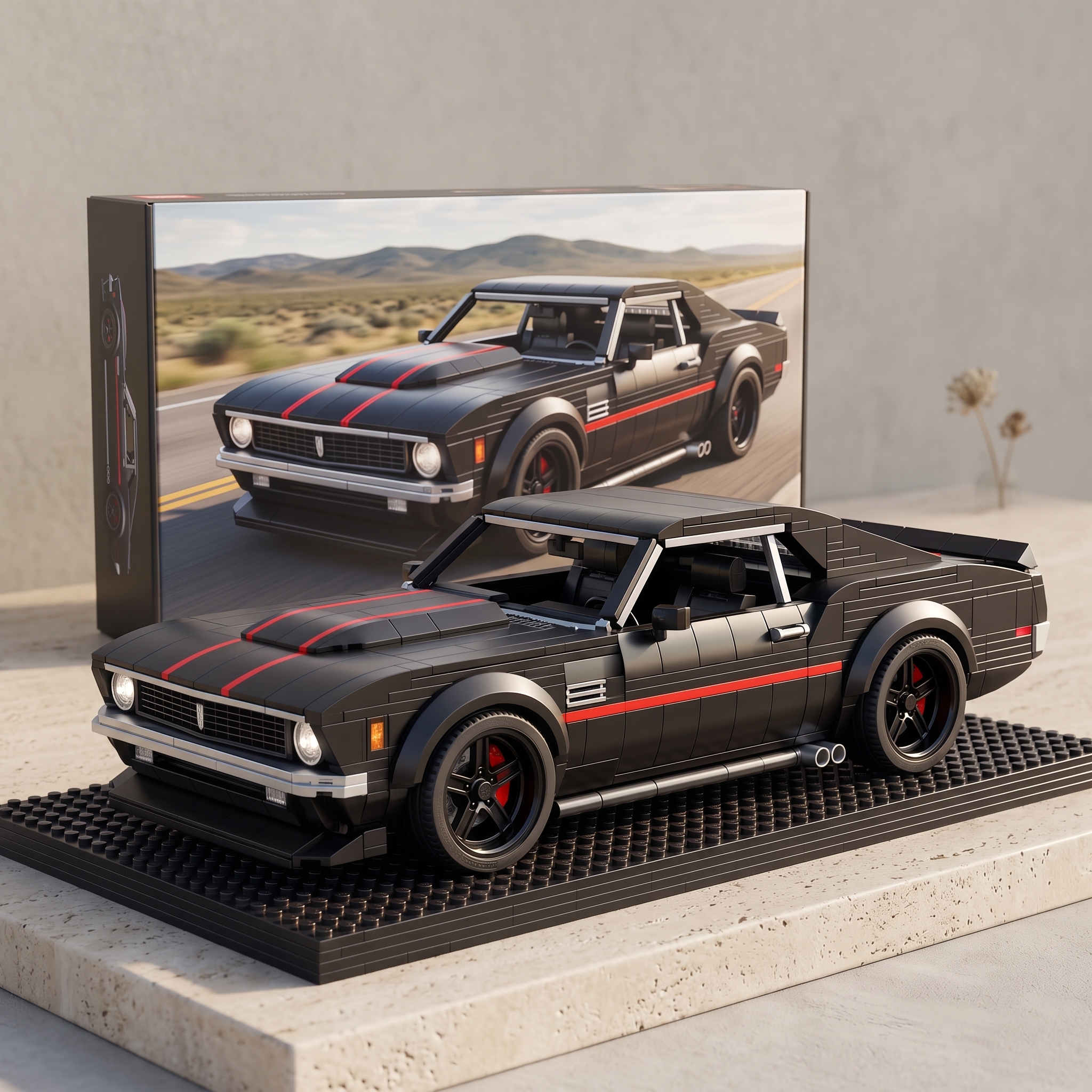 Black‑Red Stripe Vintage American Muscle Car Building‑brick Model, Classic Modified Coupe Collectible Diorama