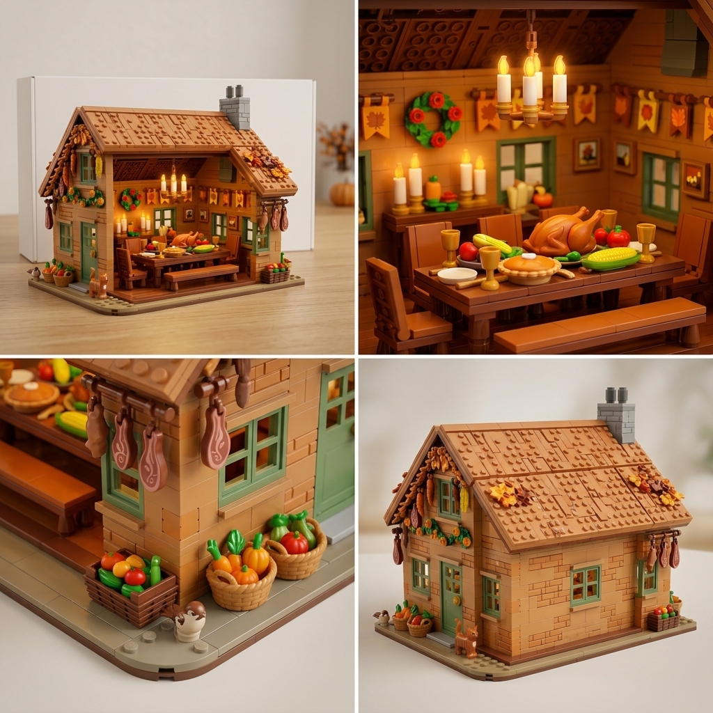 Thanksgiving Open‑Style Cabin Building‑brick Diorama, Thanksgiving Feast Interior Scene Model