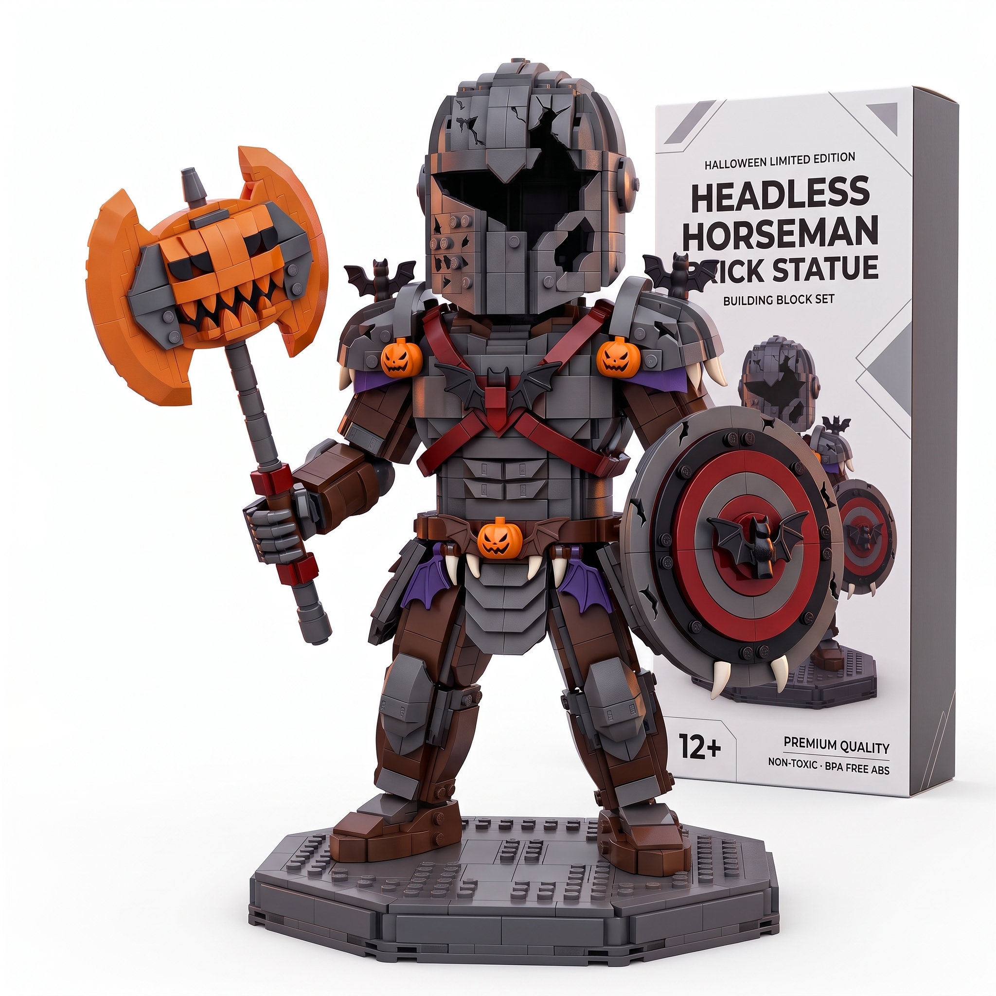 Halloween Broken‑Armor Knight Building‑Brick Statue, Pumpkin Battle‑Axe Dark Castle Themed Buildable Display Figure