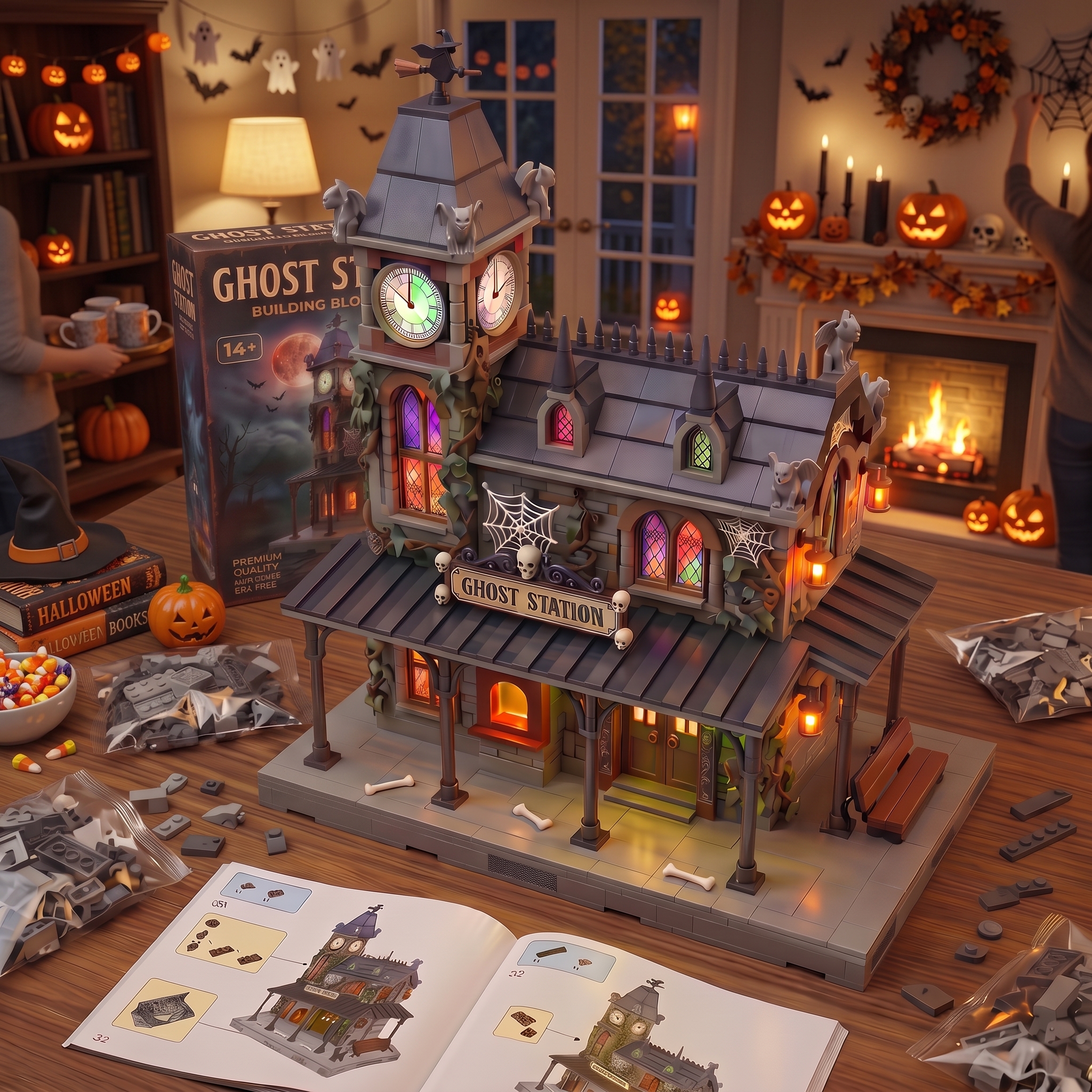 Ghost Station Multi-Story Building Block Model Set with Illuminating Windows and Elaborate Details, Halloween Theme