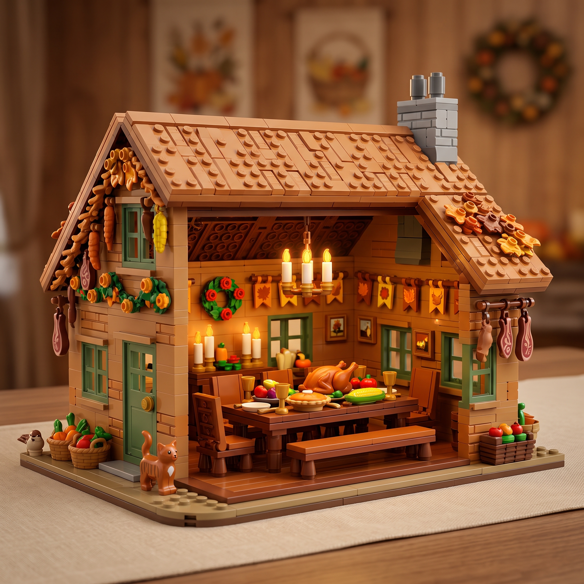 Thanksgiving Open‑Style Cabin Building‑brick Diorama, Thanksgiving Feast Interior Scene Model