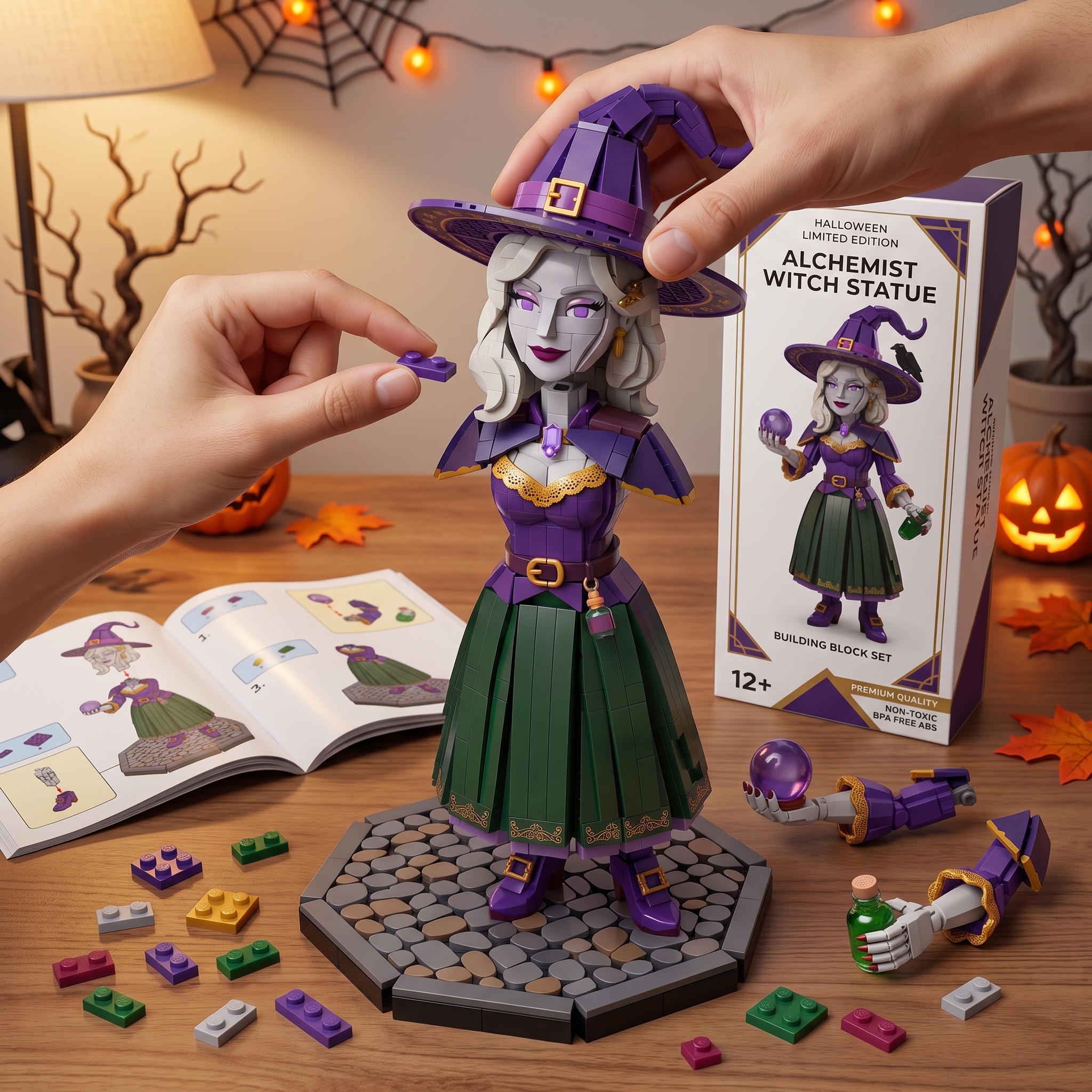 Halloween Magic Witch Building‑Brick Statue, Divination Crystal Ball Themed Buildable Display Figure