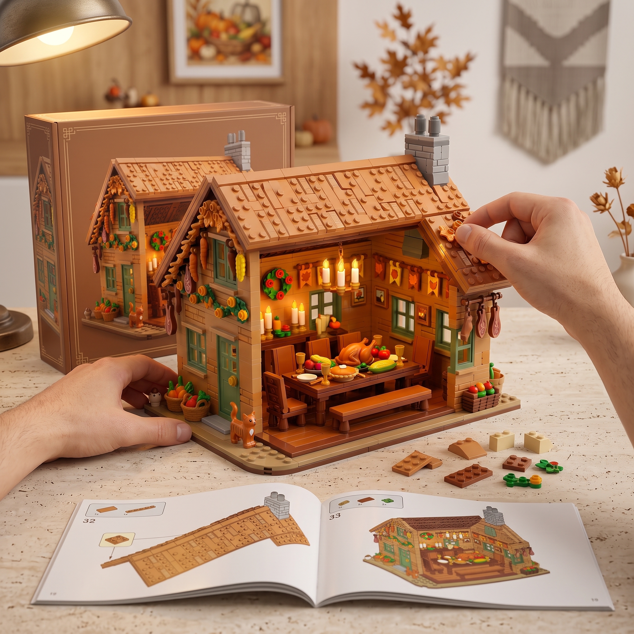Thanksgiving Open‑Style Cabin Building‑brick Diorama, Thanksgiving Feast Interior Scene Model