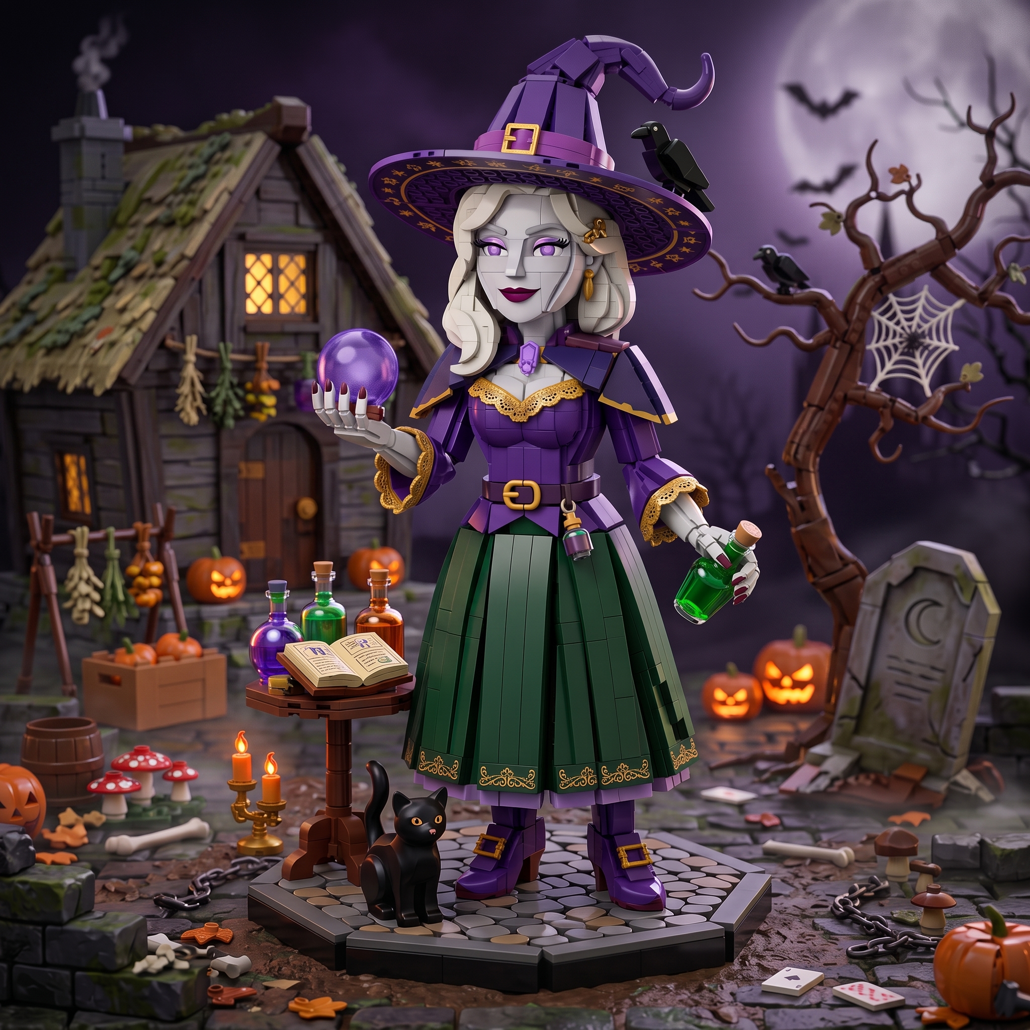 Halloween Magic Witch Building‑Brick Statue, Divination Crystal Ball Themed Buildable Display Figure