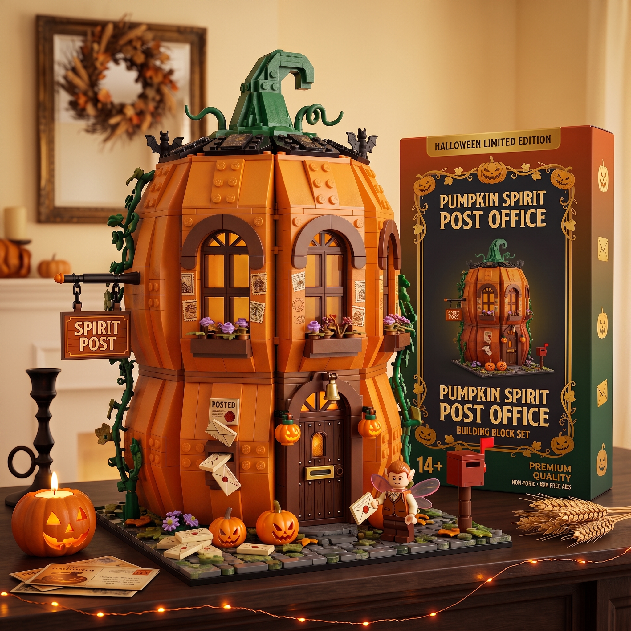 Halloween Night Spirit Pumpkin Post Office | Fairy Postman Fantasy Brick Display