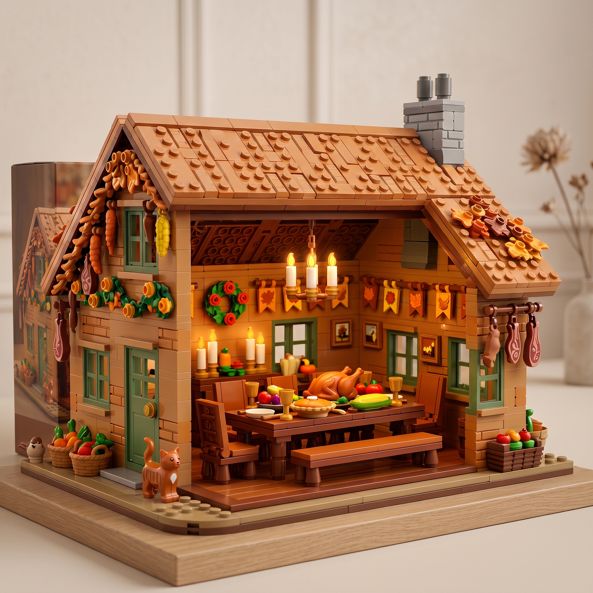 Thanksgiving Open‑Style Cabin Building‑brick Diorama, Thanksgiving Feast Interior Scene Model