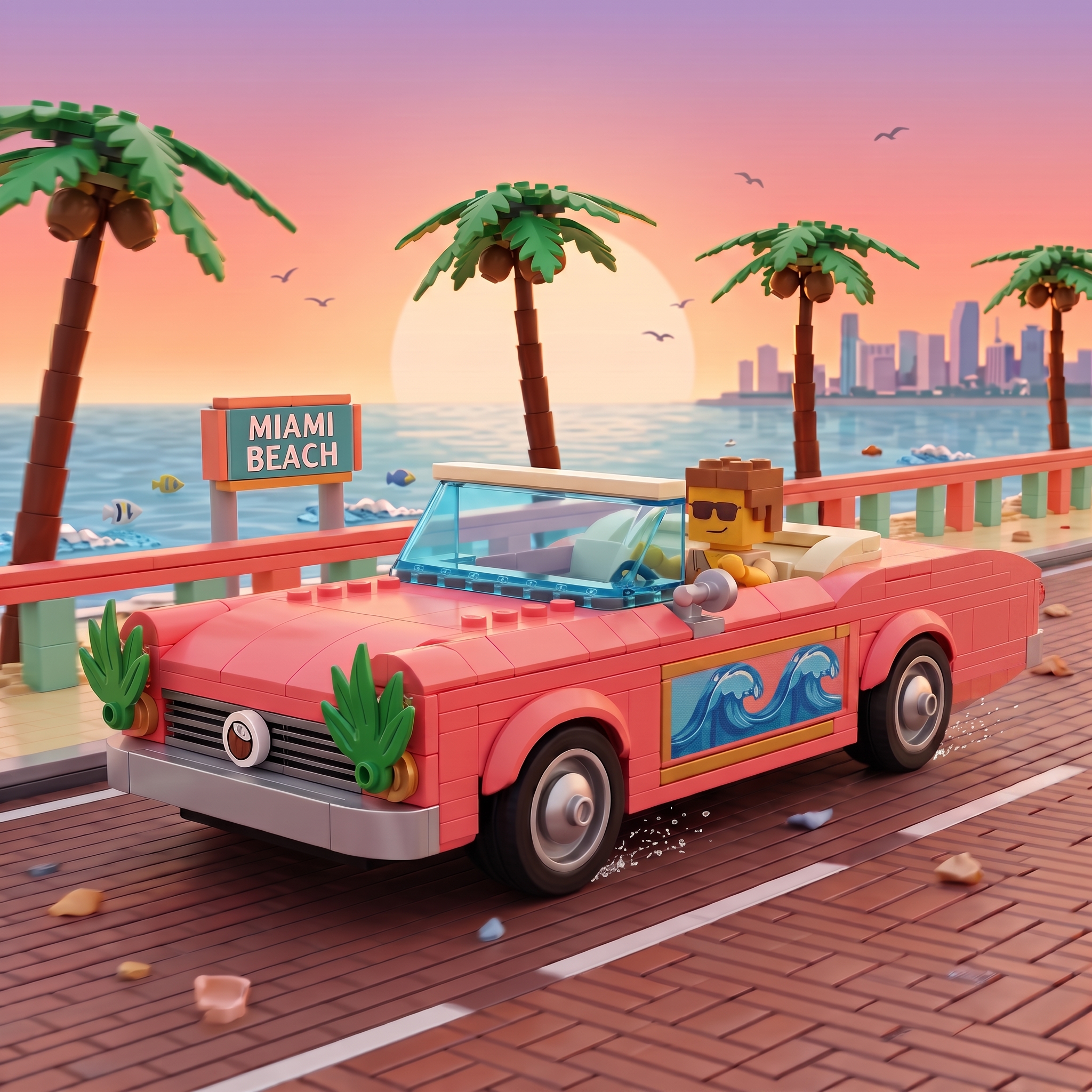 Miami Beach Cruiser Building‑Brick Display Set, Retro Coastal Vacation Themed Decor