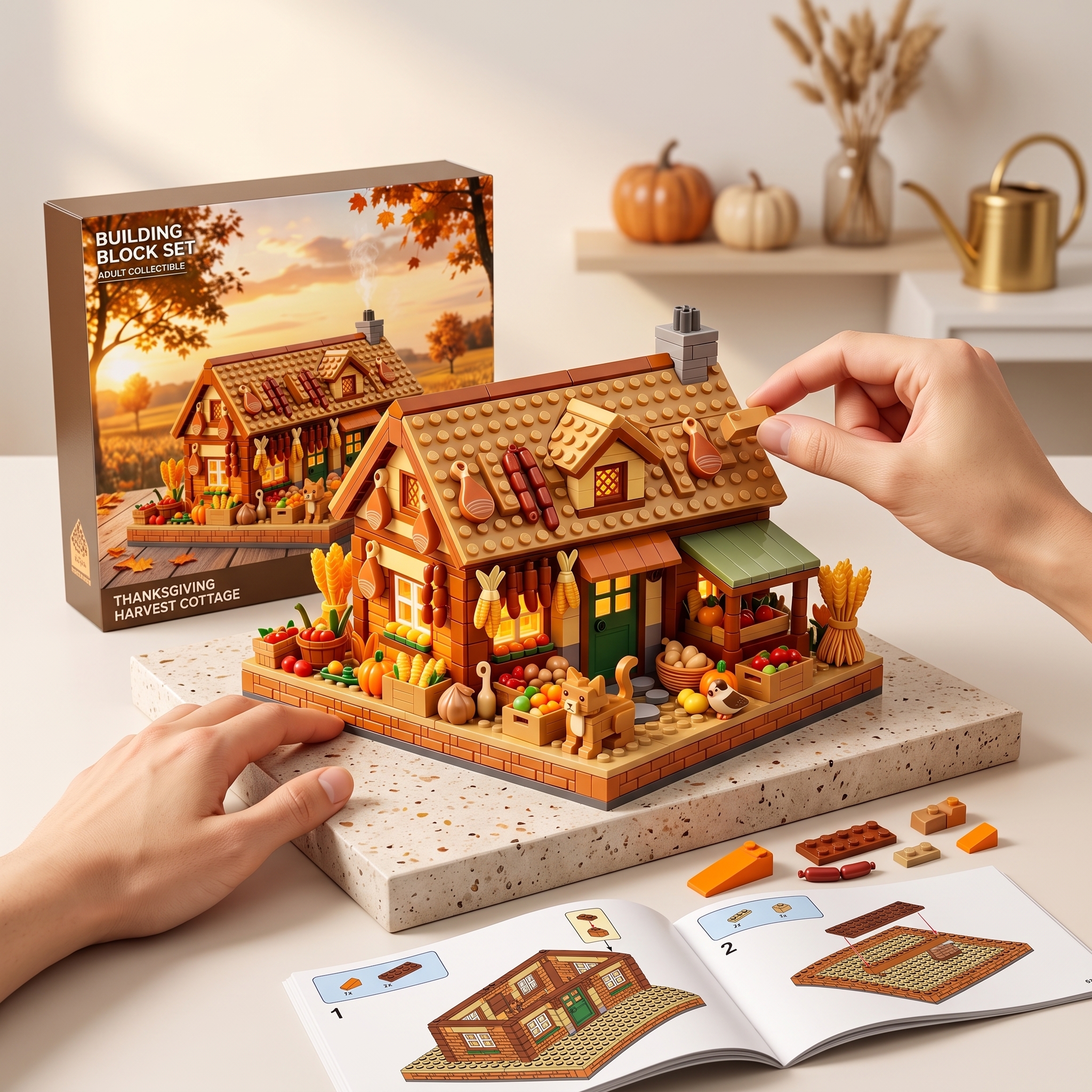 Thanksgiving Autumn Harvest Cabin Building‑brick Diorama, Fall Countryside Harvest Scene Model