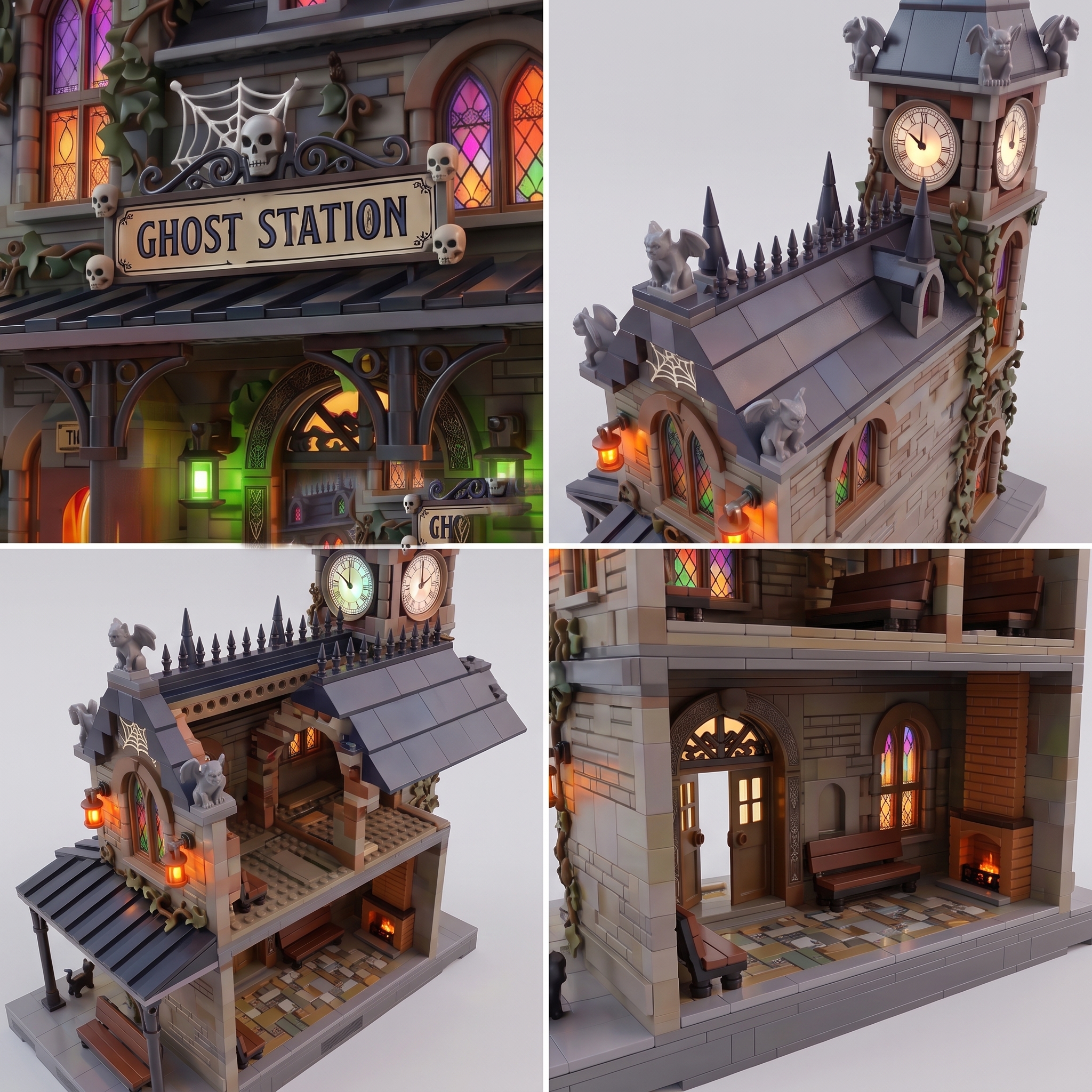 Ghost Station Multi-Story Building Block Model Set with Illuminating Windows and Elaborate Details, Halloween Theme
