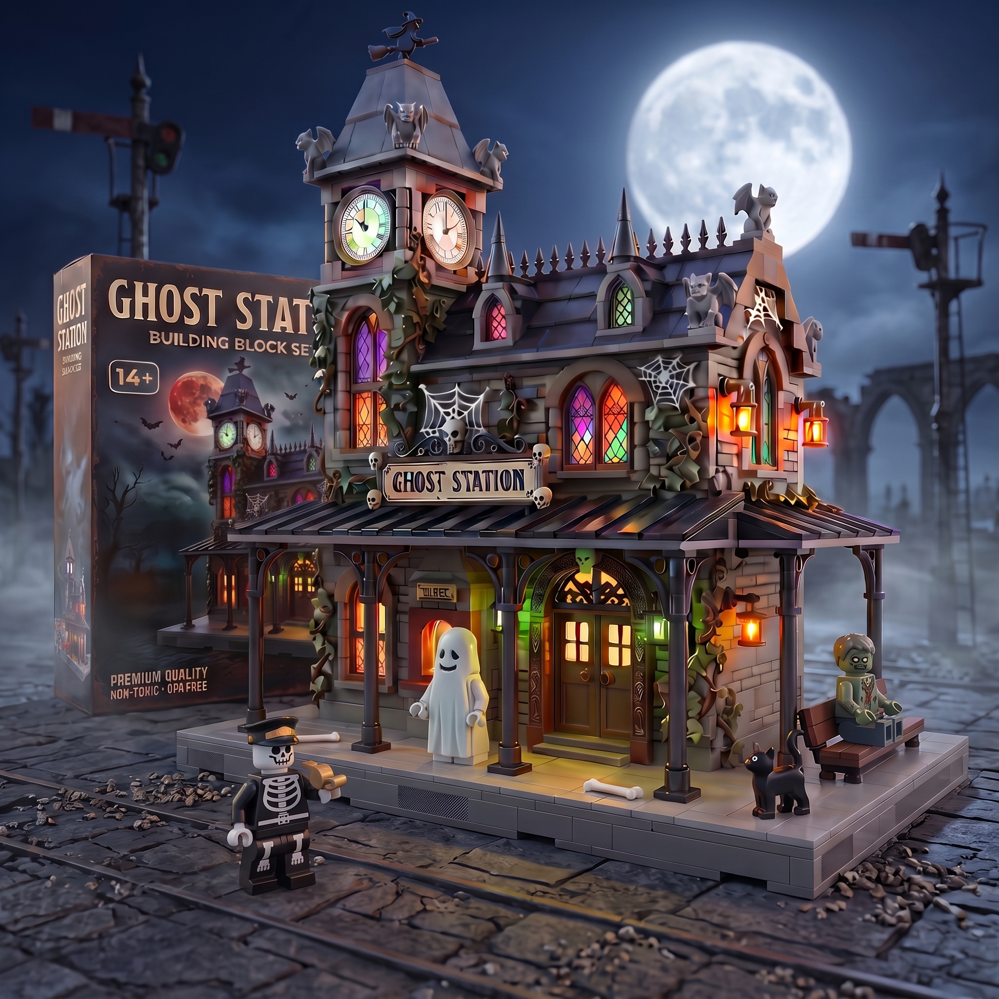 Ghost Station Multi-Story Building Block Model Set with Illuminating Windows and Elaborate Details, Halloween Theme