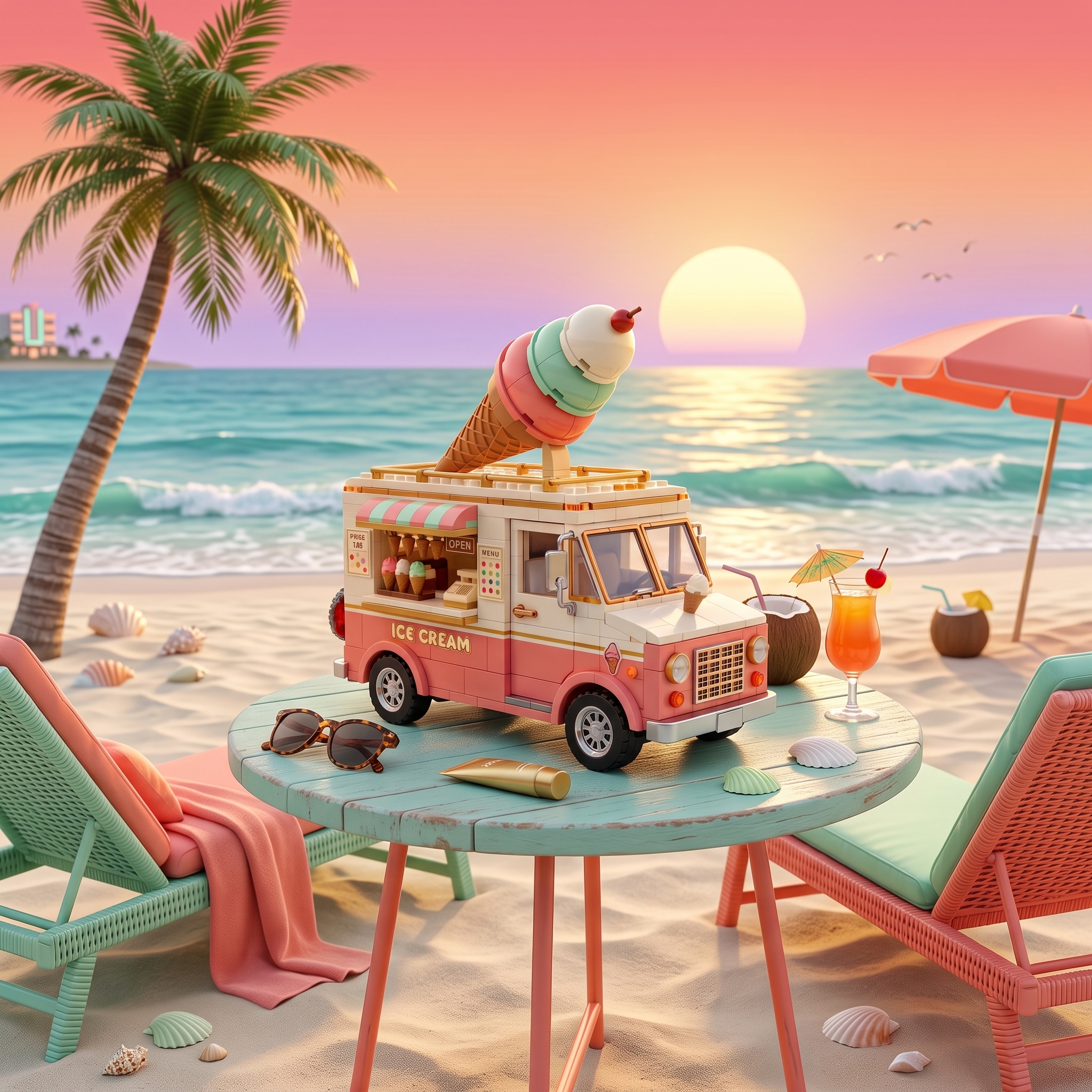 Miami Sunset Triple-Scoop Cone Retro Ice Cream Truck