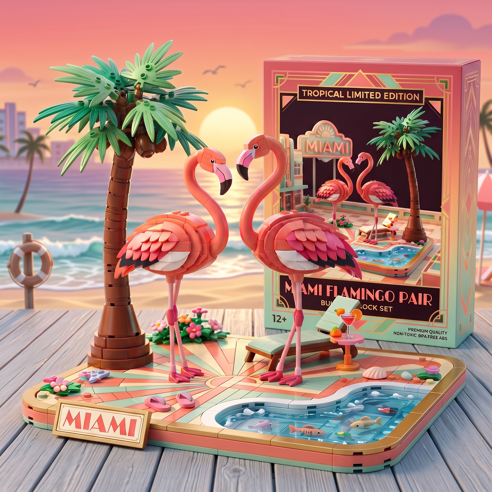 Miami Tropical Flamingo Building‑Brick Display Set, Summer Seaside Pool Themed Decor