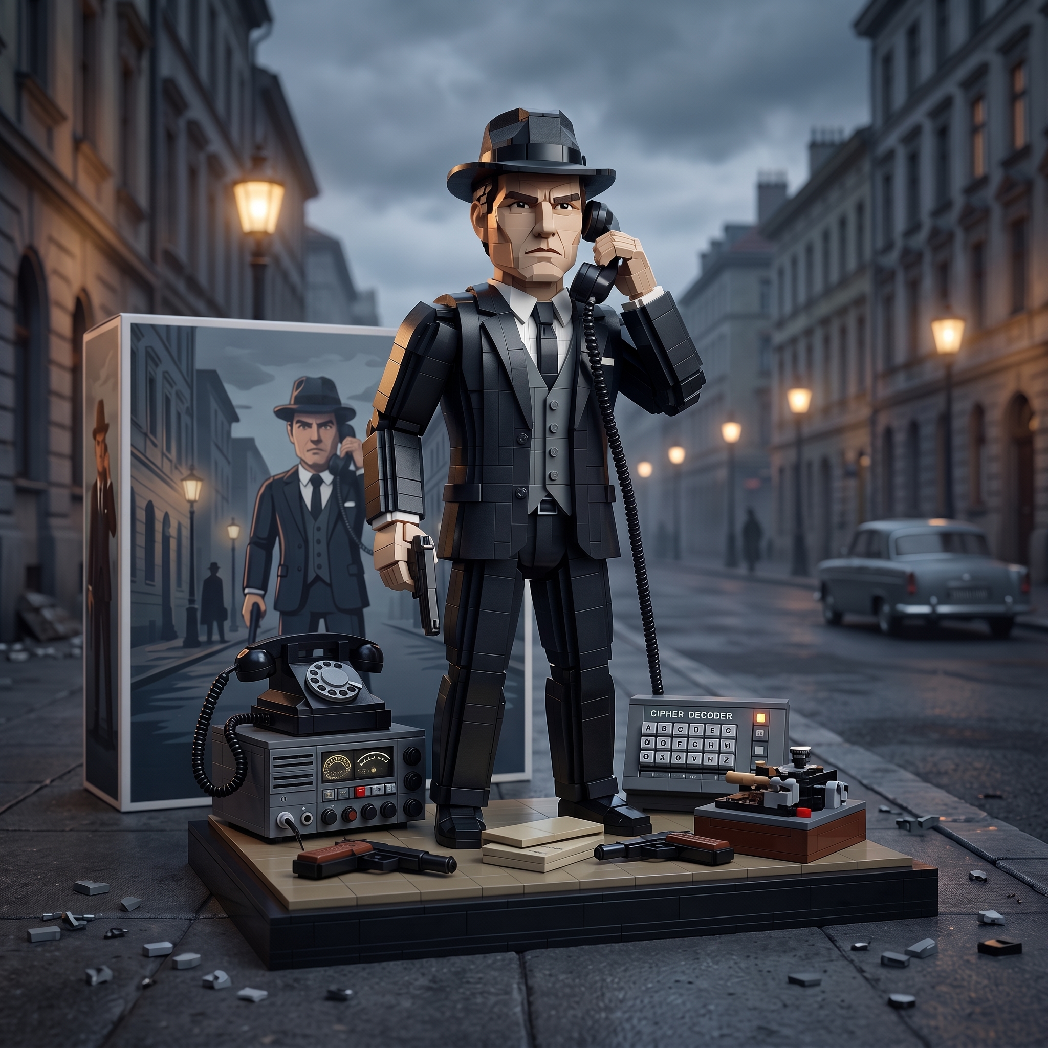 Retro Spy Agent Scene Collectible Building‑Brick Display Model