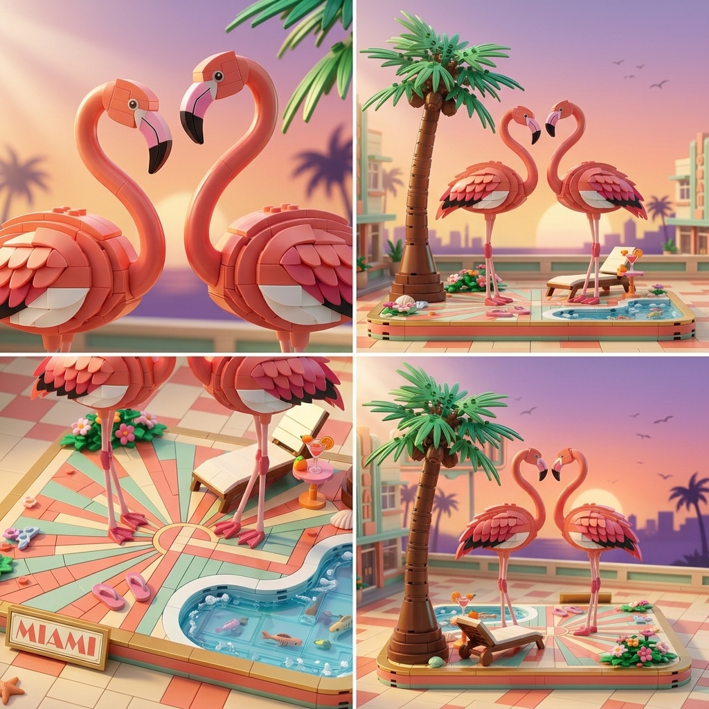 Miami Tropical Flamingo Building‑Brick Display Set, Summer Seaside Pool Themed Decor
