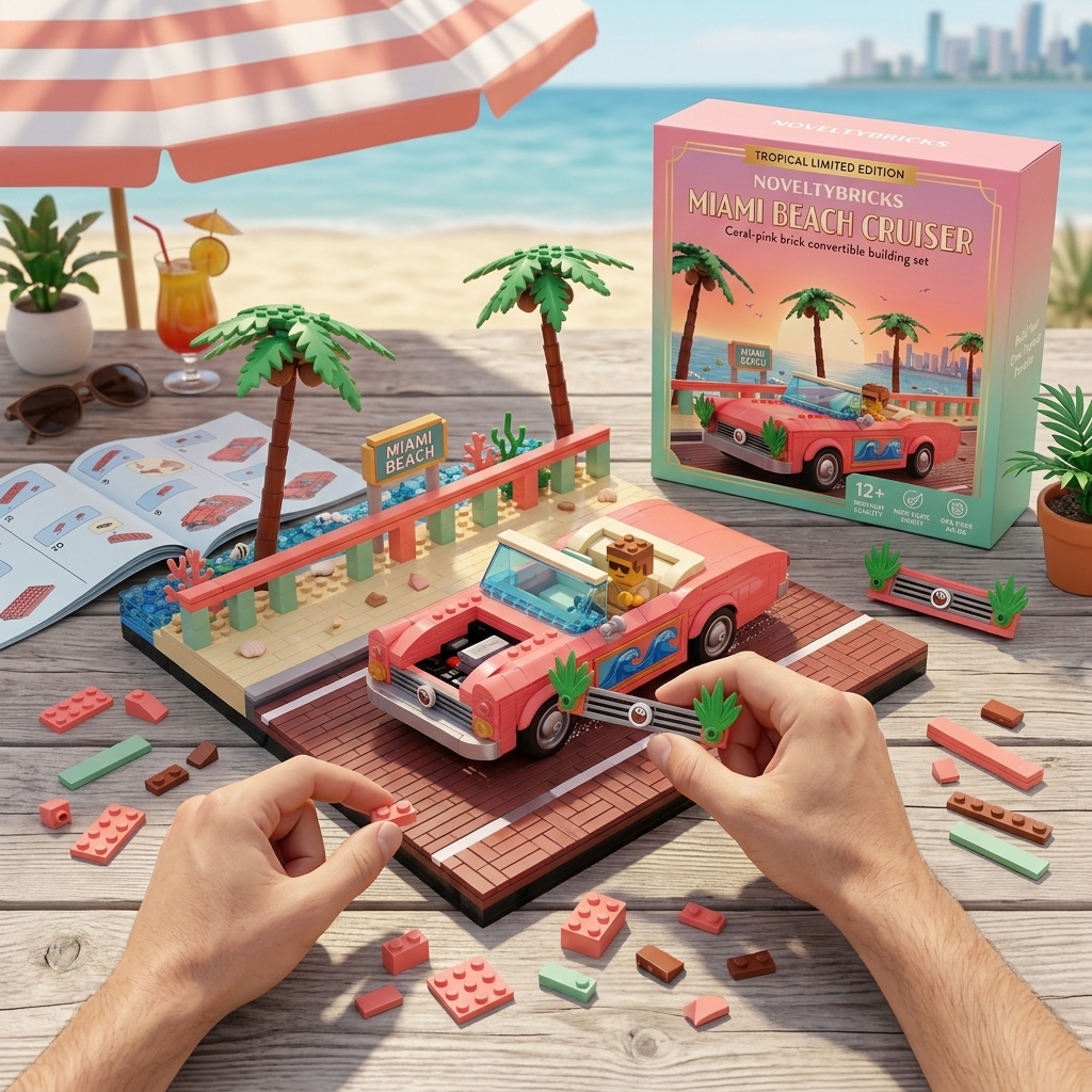 Miami Beach Cruiser Building‑Brick Display Set, Retro Coastal Vacation Themed Decor