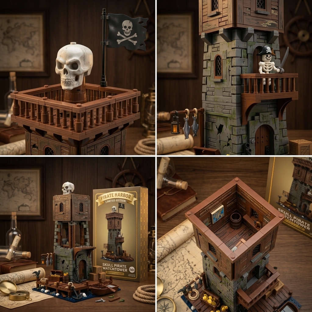Skull Pirate Watchtower Collectible Building‑Brick Set, Retro Harbor Adventure Tower Scene Decor