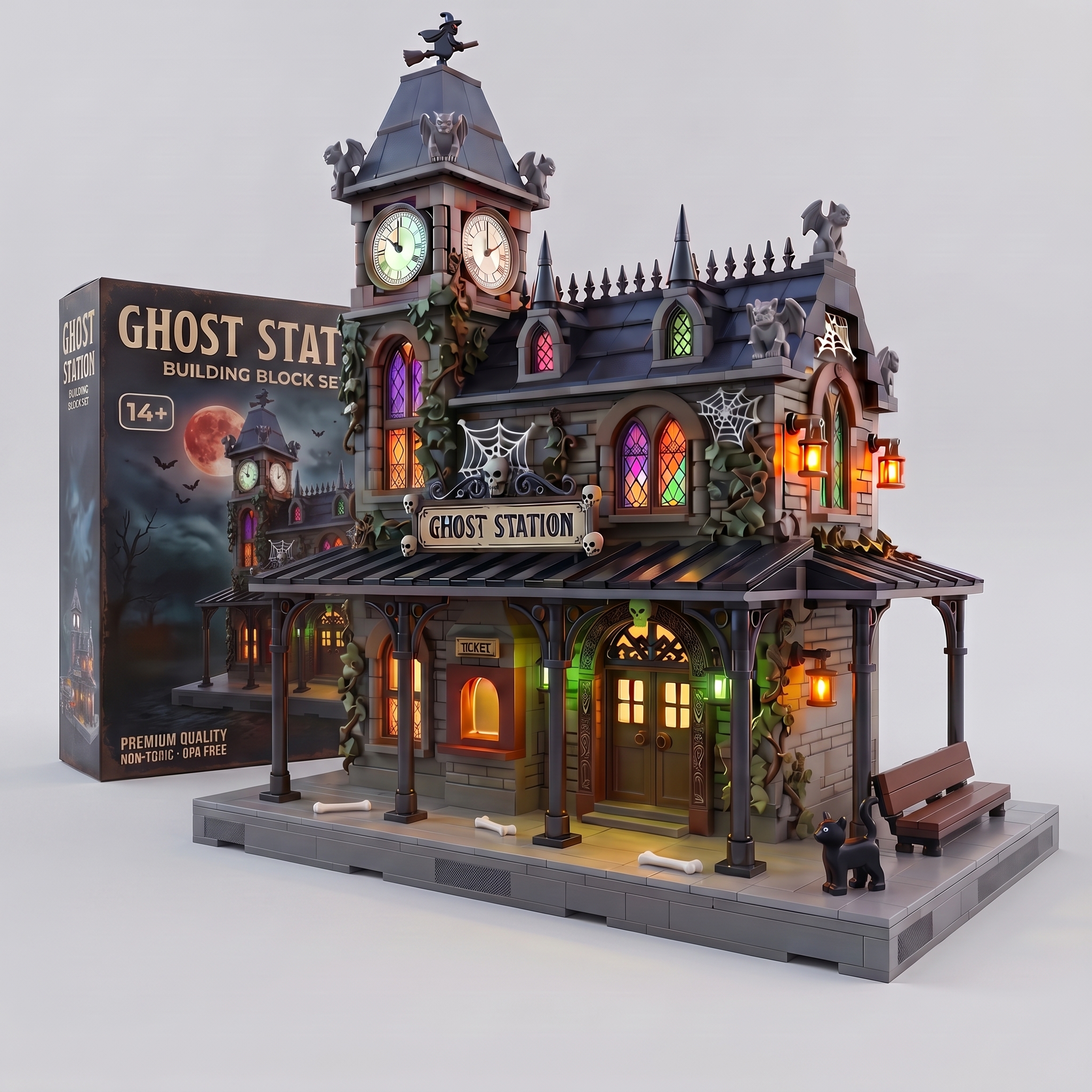 Ghost Station Multi-Story Building Block Model Set with Illuminating Windows and Elaborate Details, Halloween Theme
