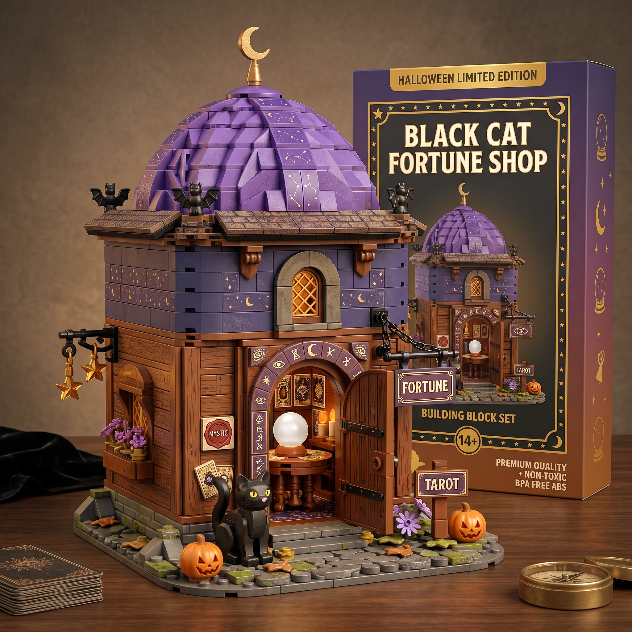Halloween Black Cat Fortune‑Teller Shop Collectible Building‑Brick Set, Mystic Star‑Dome Building Decor