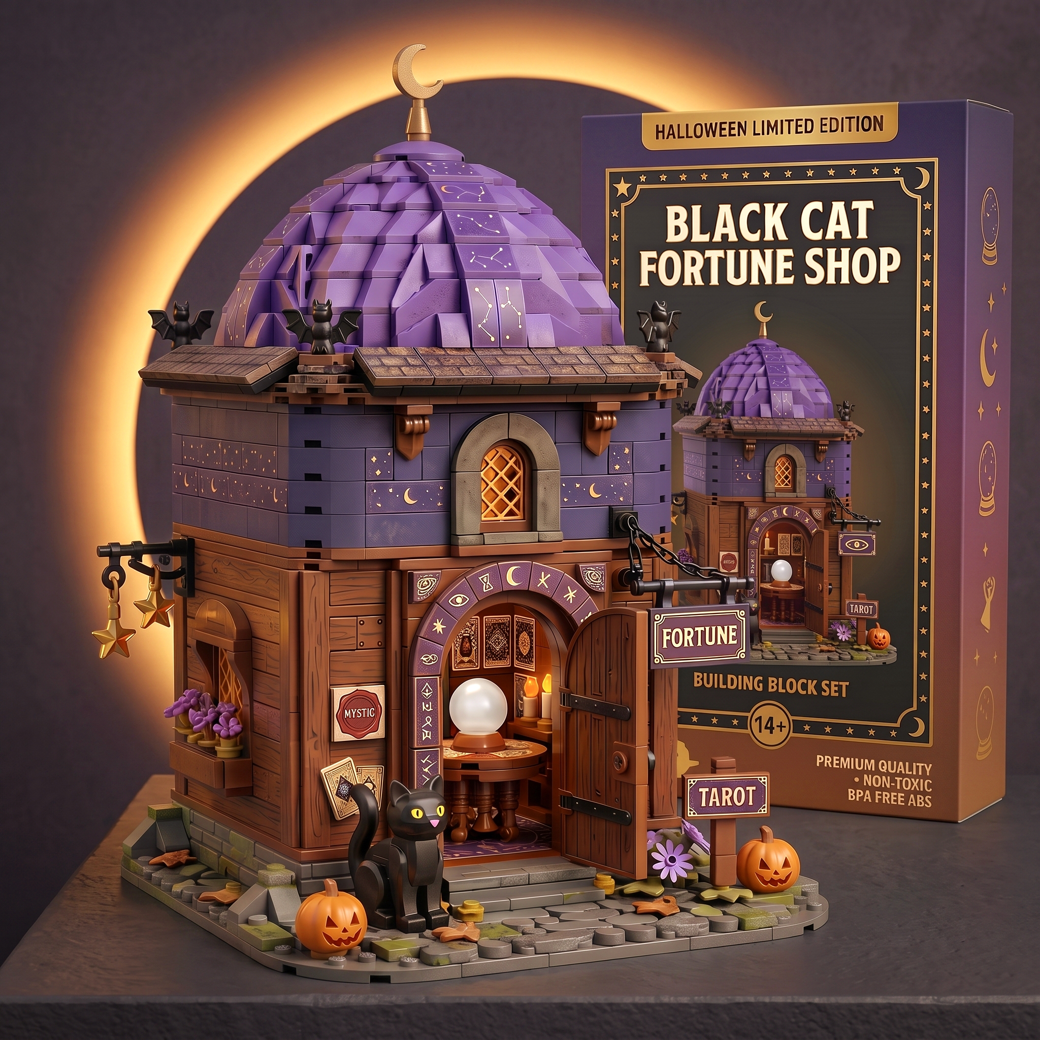 Halloween Black Cat Fortune‑Teller Shop Collectible Building‑Brick Set, Mystic Star‑Dome Building Decor