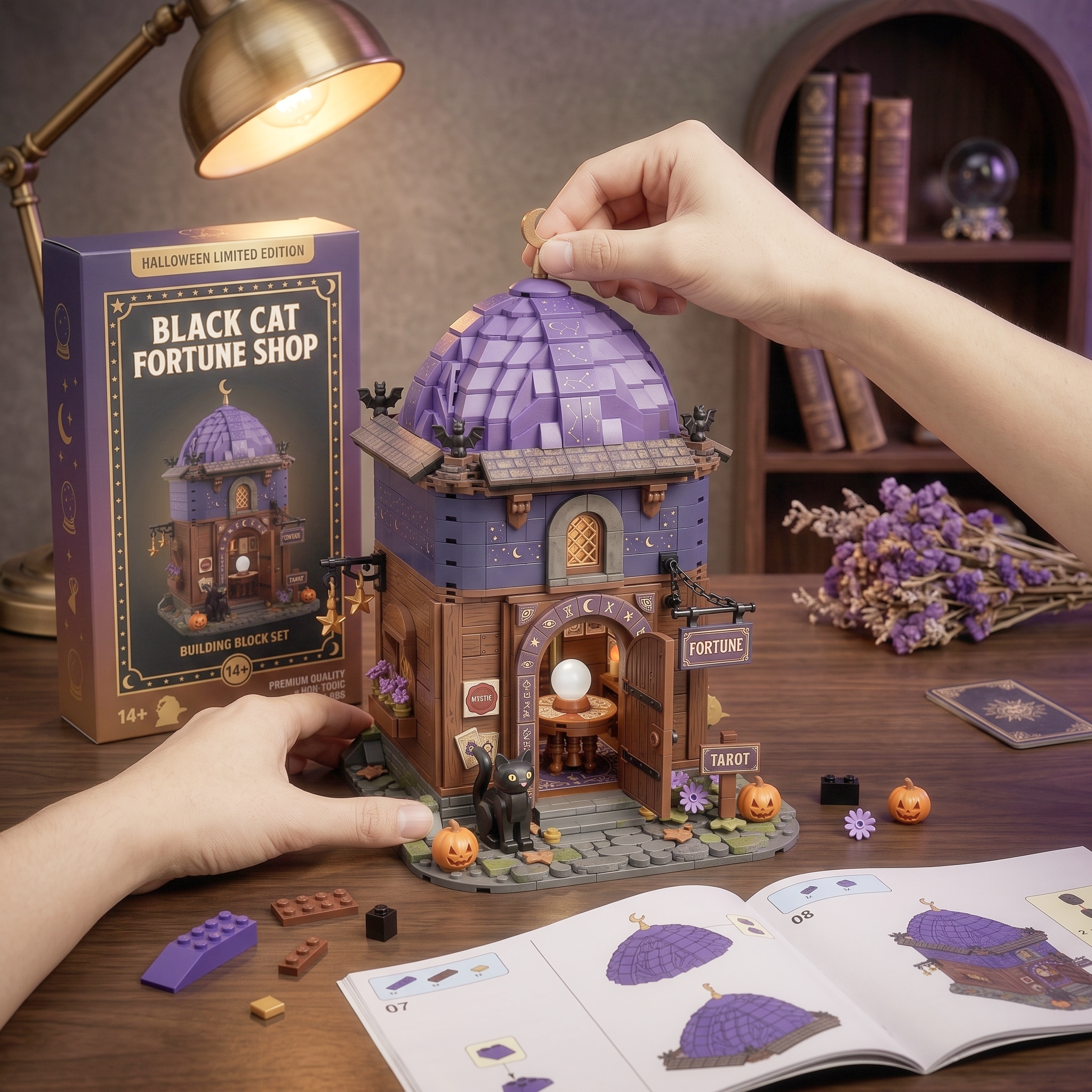 Halloween Black Cat Fortune‑Teller Shop Collectible Building‑Brick Set, Mystic Star‑Dome Building Decor